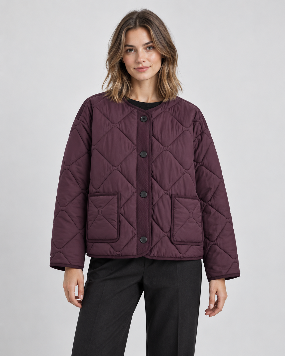 Diamond Quilted Button Front Collarless Jacket