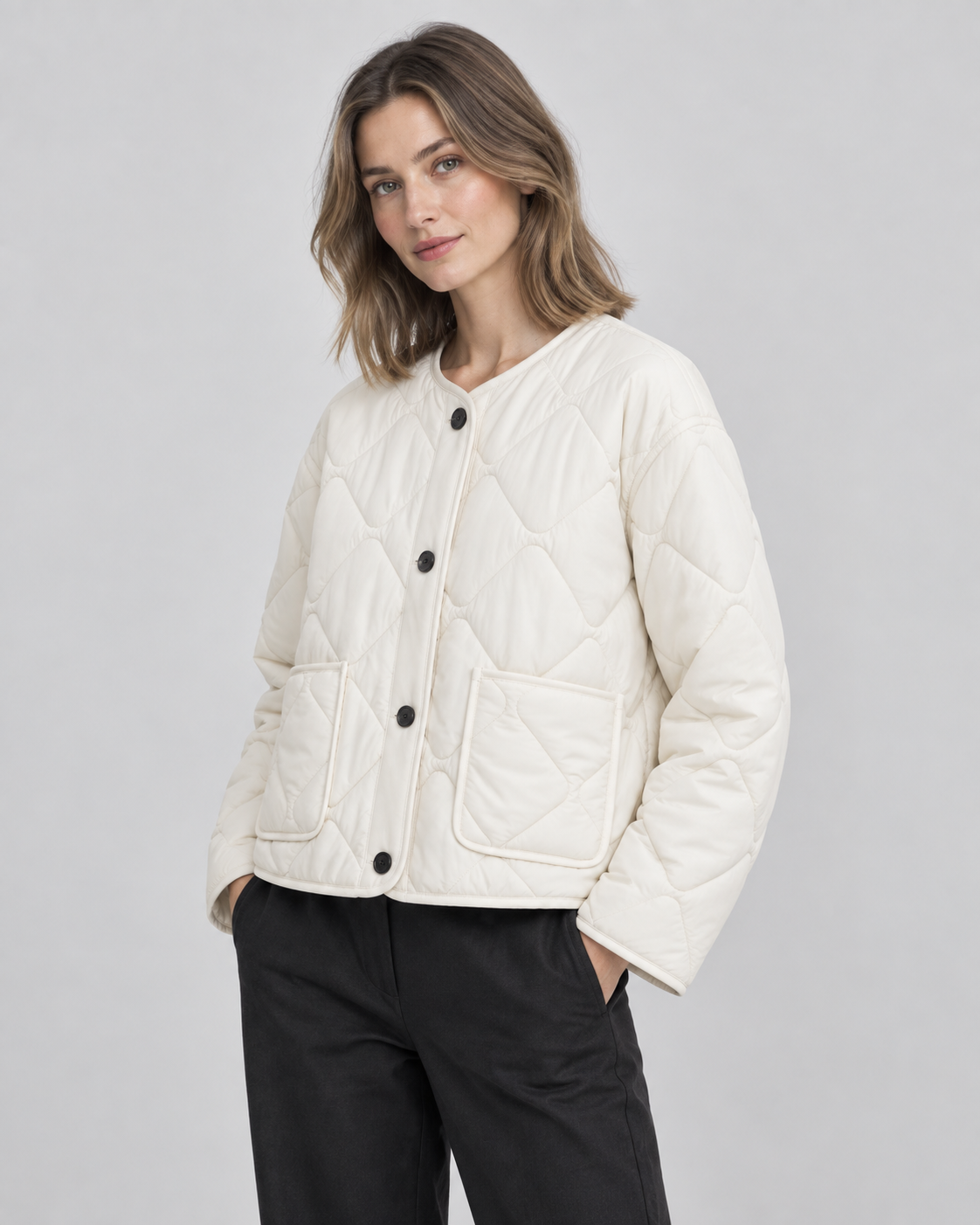 Diamond Quilted Button Front Collarless Jacket