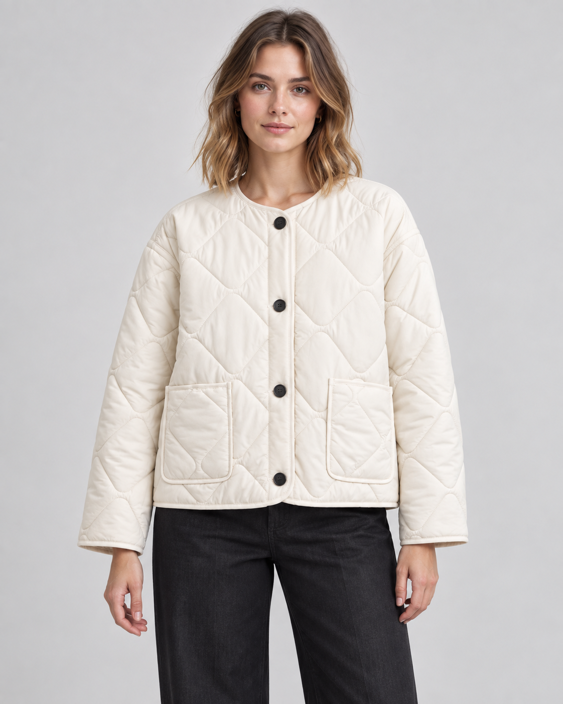Diamond Quilted Button Front Collarless Jacket