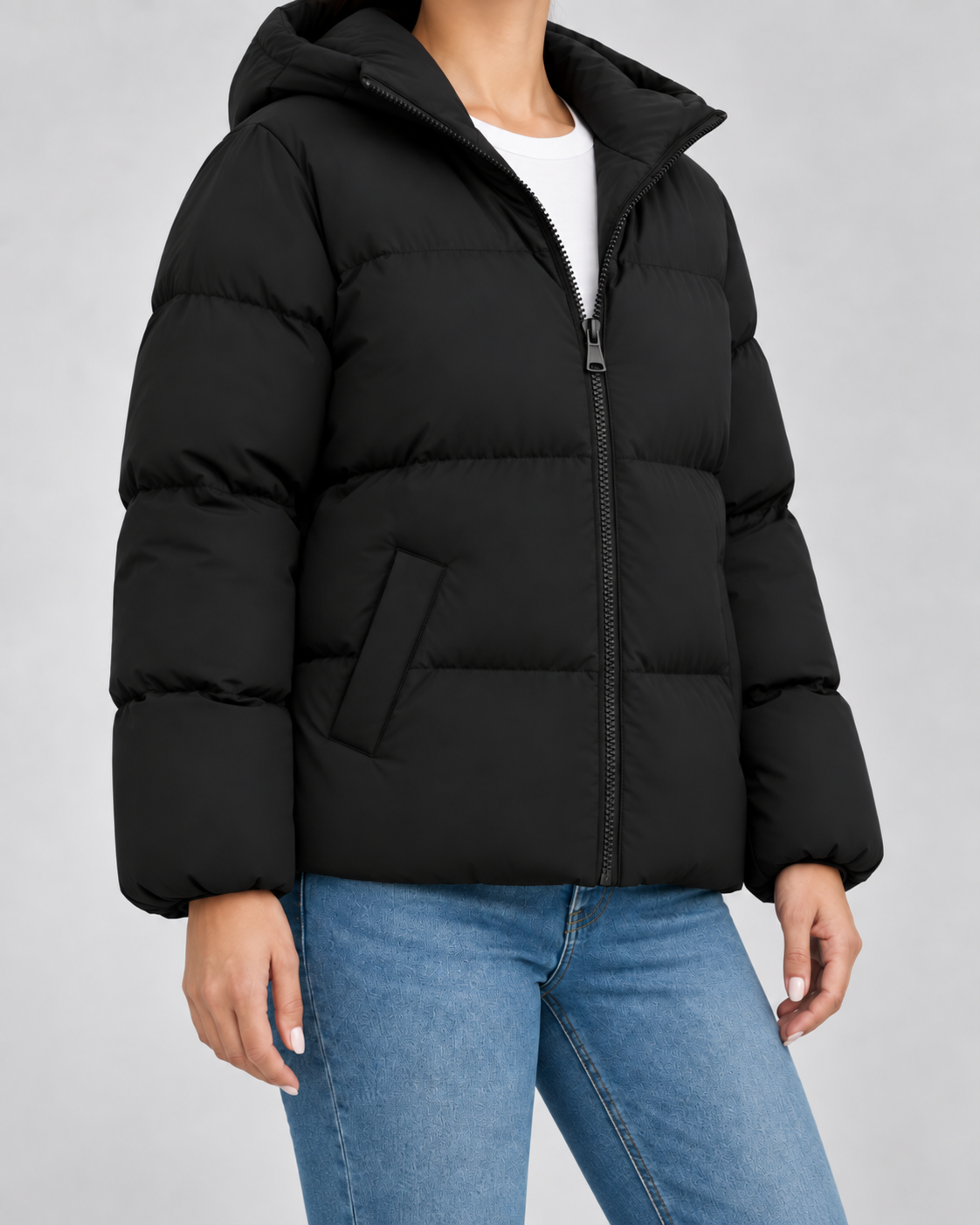 Hooded Zip Front Boxy Puffer Jacket