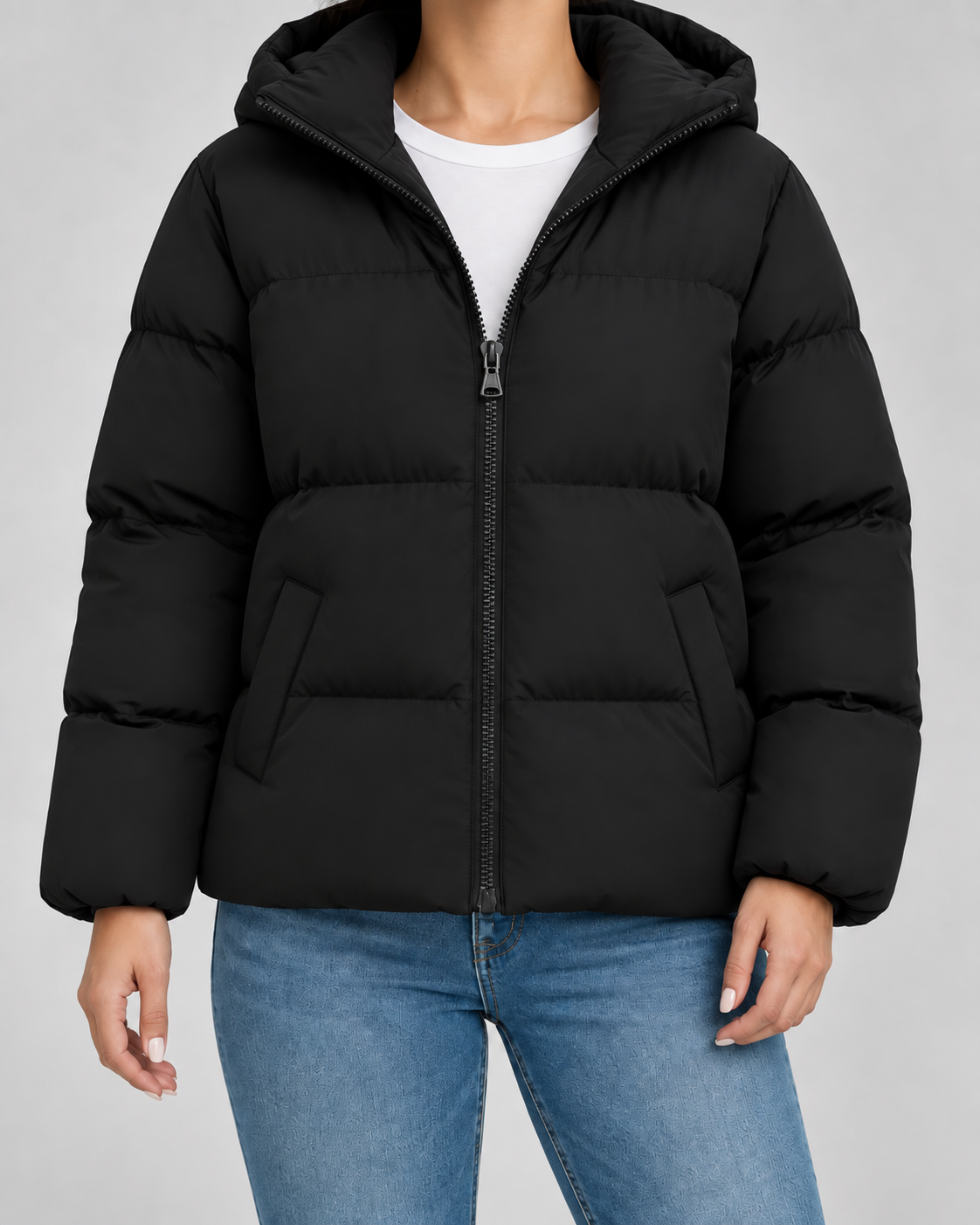 Hooded Zip Front Boxy Puffer Jacket