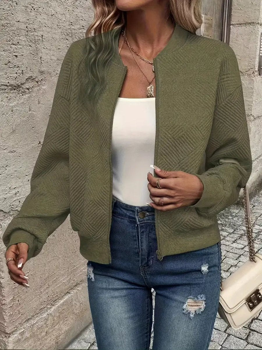 Textured Zip Front Long Sleeve Bomber Jacket