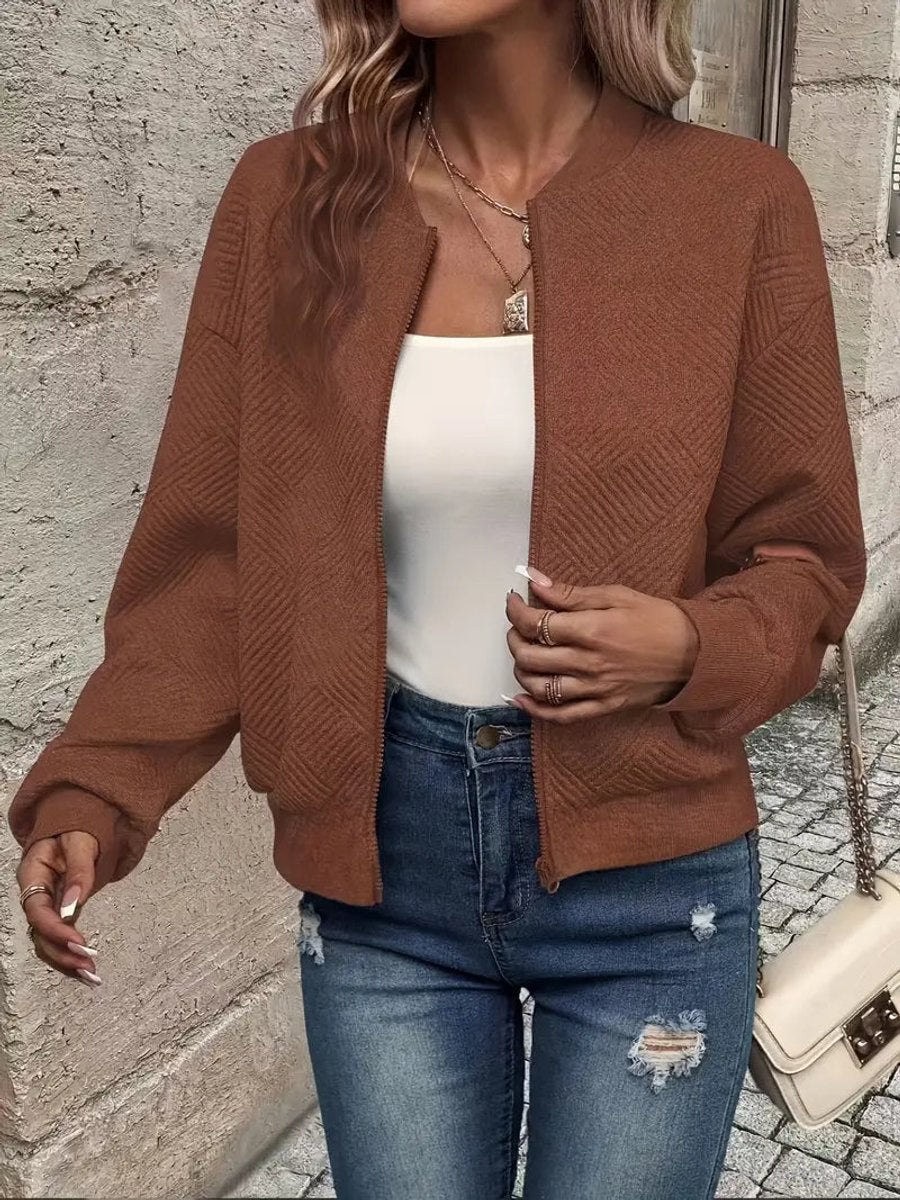 Textured Zip Front Long Sleeve Bomber Jacket