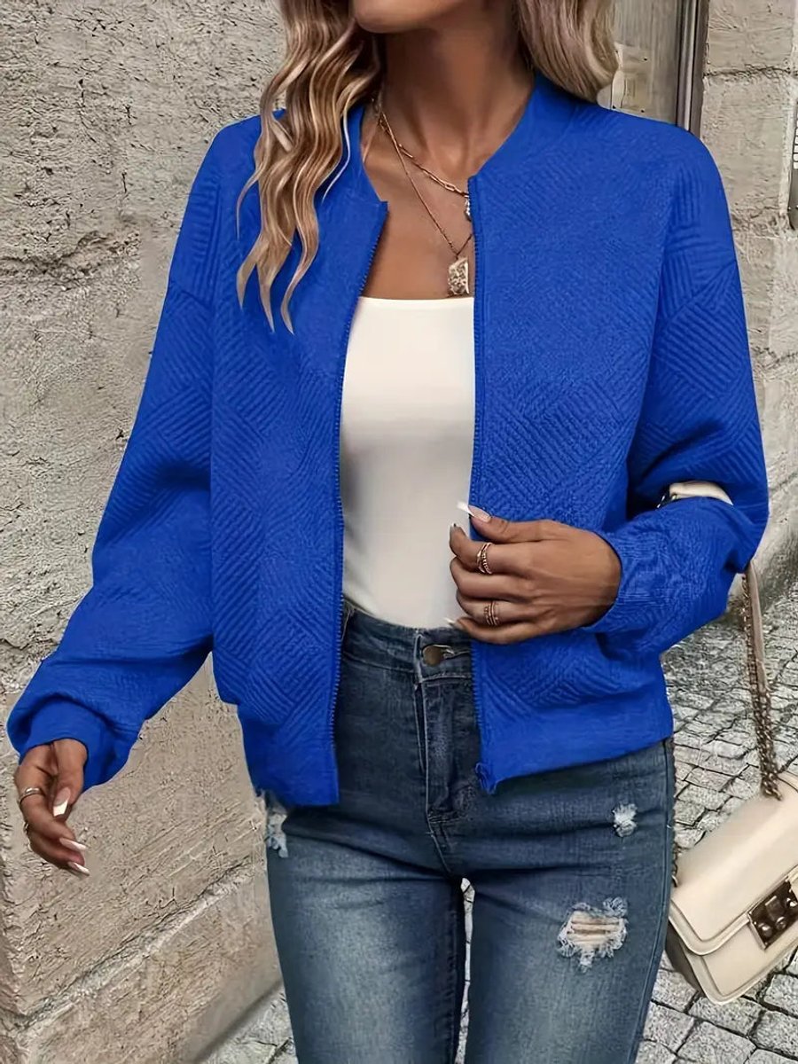Textured Zip Front Long Sleeve Bomber Jacket