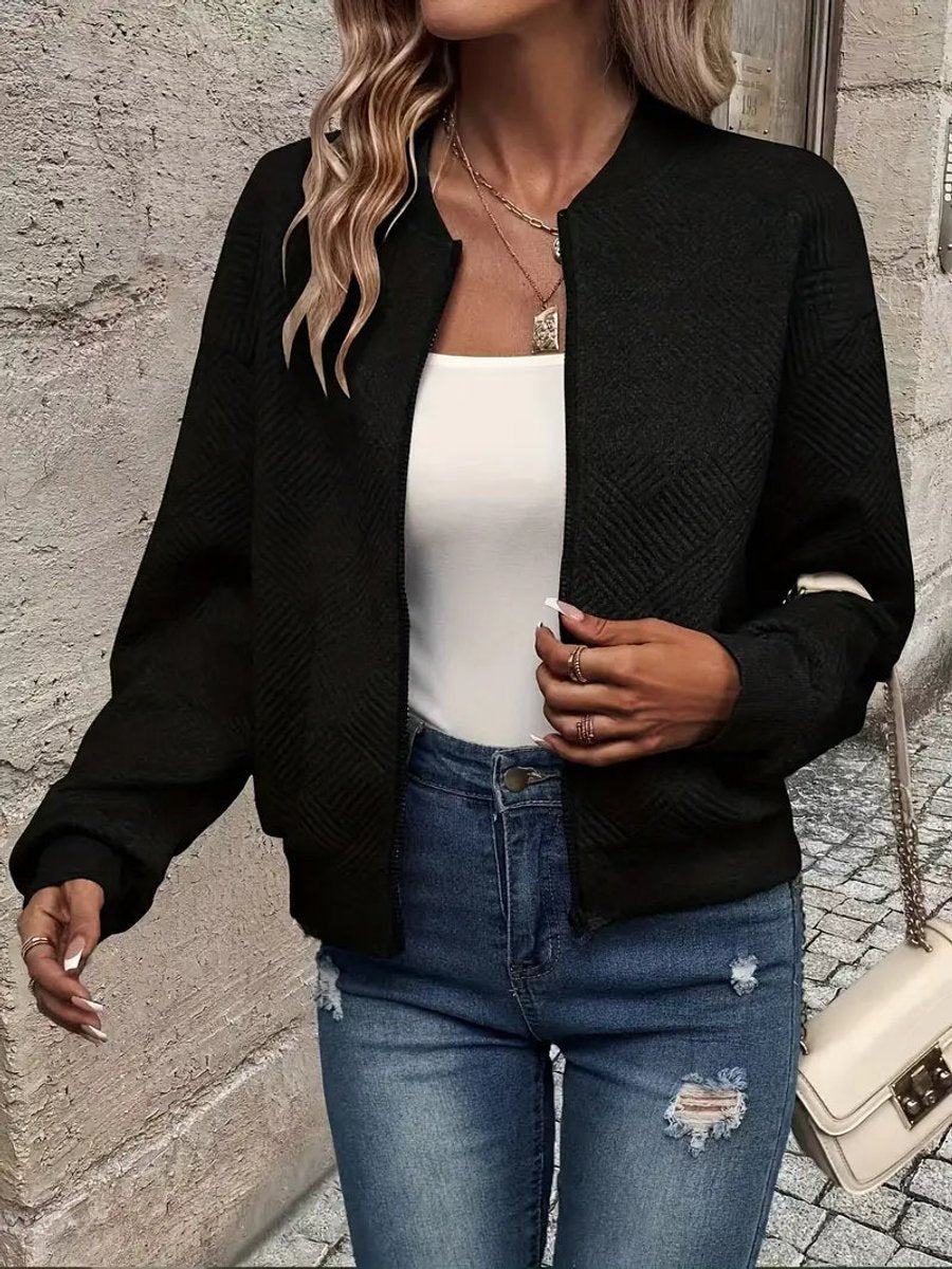 Textured Zip Front Long Sleeve Bomber Jacket