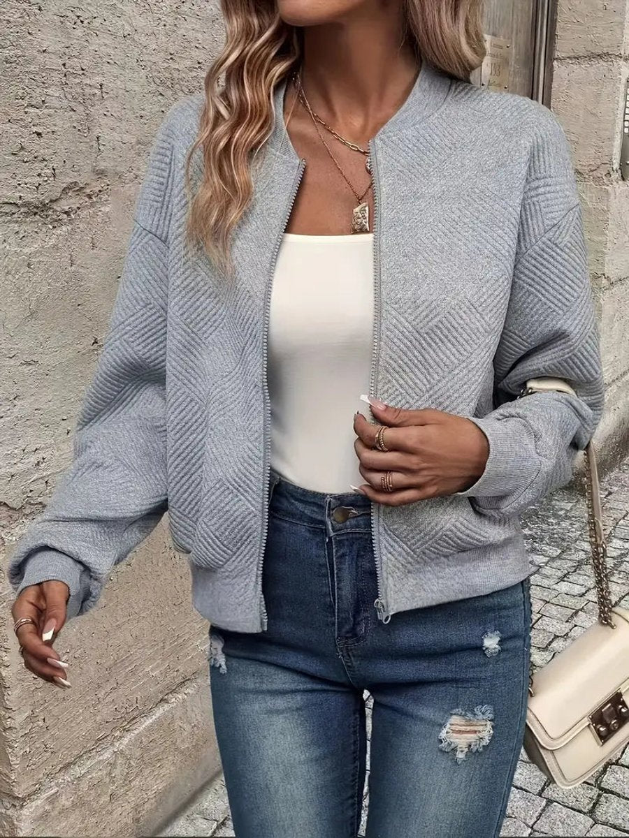 Textured Zip Front Long Sleeve Bomber Jacket