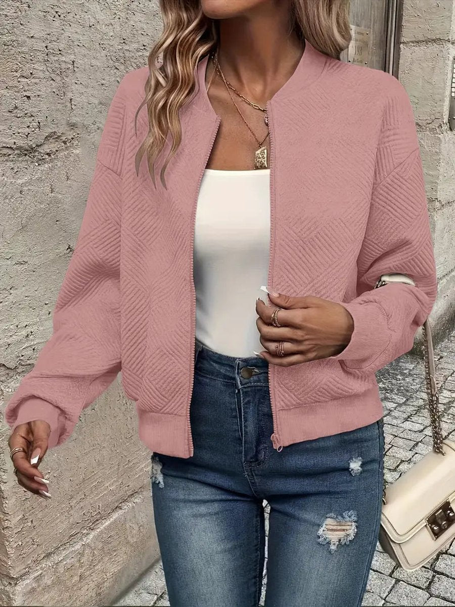 Textured Zip Front Long Sleeve Bomber Jacket