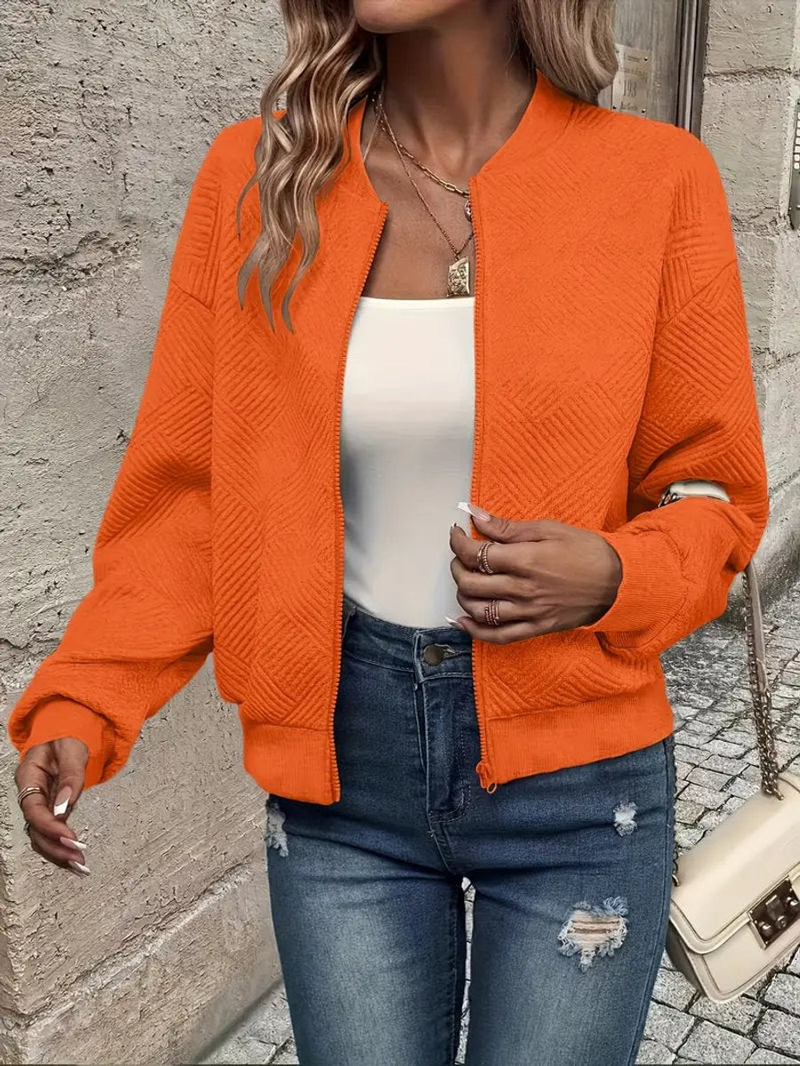 Textured Zip Front Long Sleeve Bomber Jacket