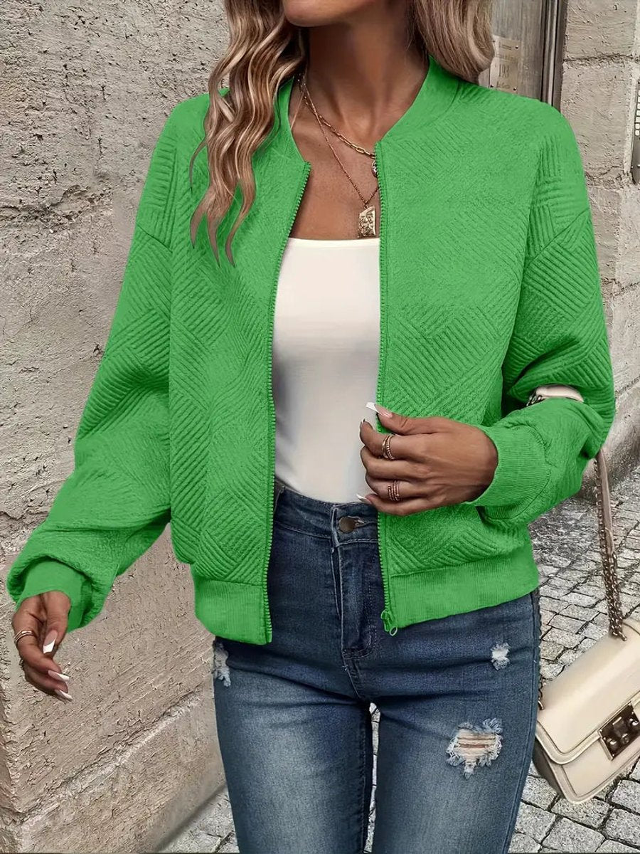 Textured Zip Front Long Sleeve Bomber Jacket