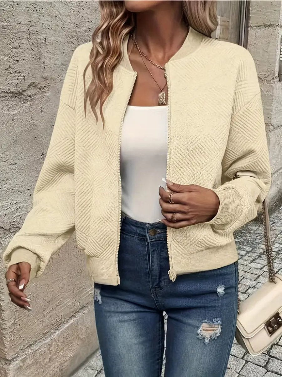 Textured Zip Front Long Sleeve Bomber Jacket