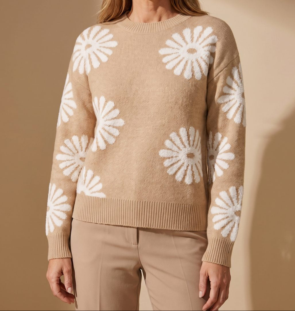 Crew Neck Daisy Floral Intarsia Knit Sweater