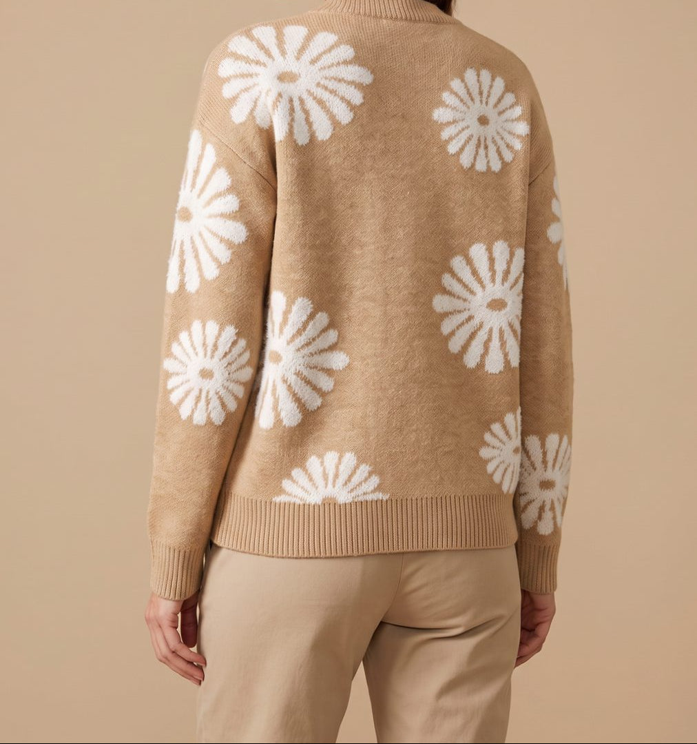 Crew Neck Daisy Floral Intarsia Knit Sweater