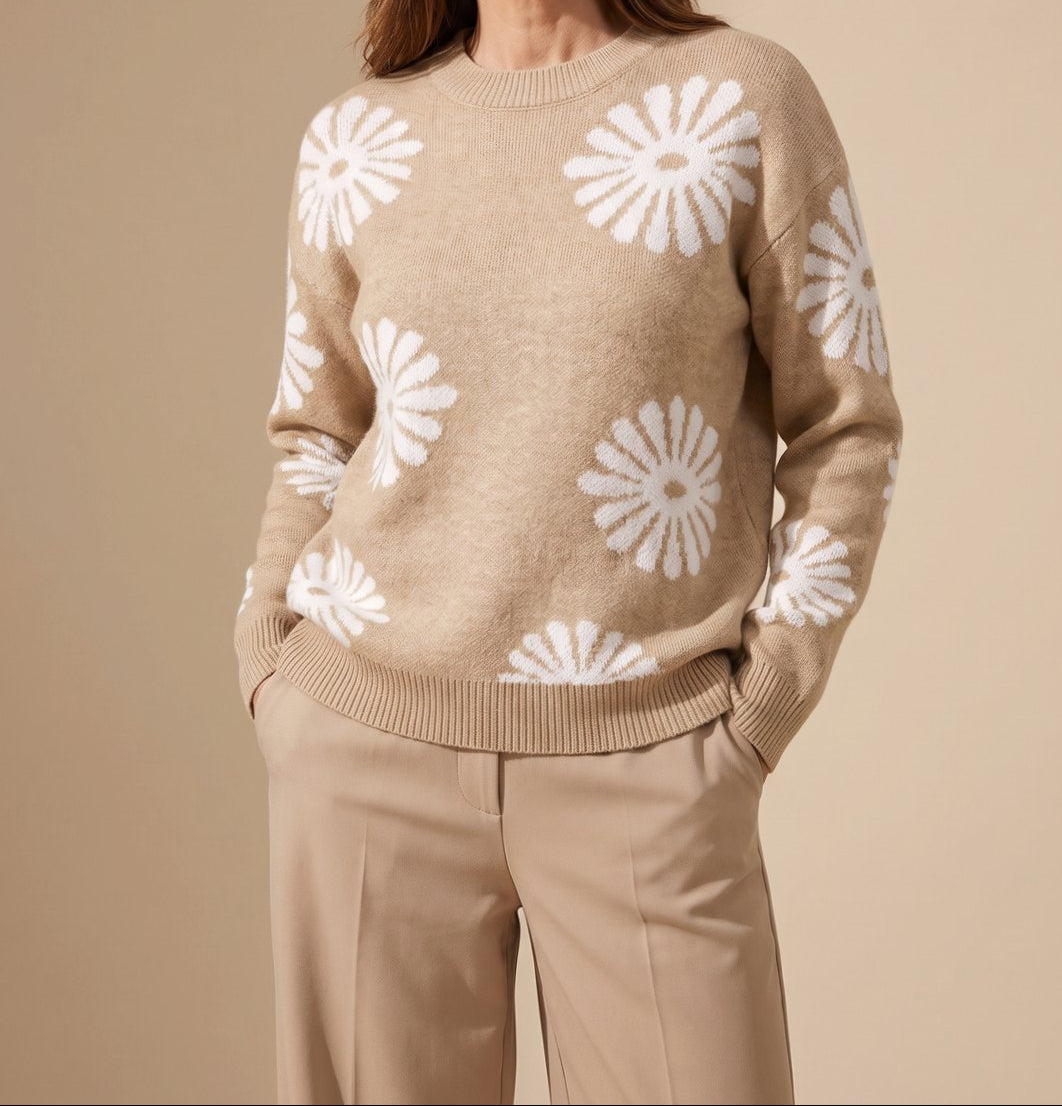 Crew Neck Daisy Floral Intarsia Knit Sweater