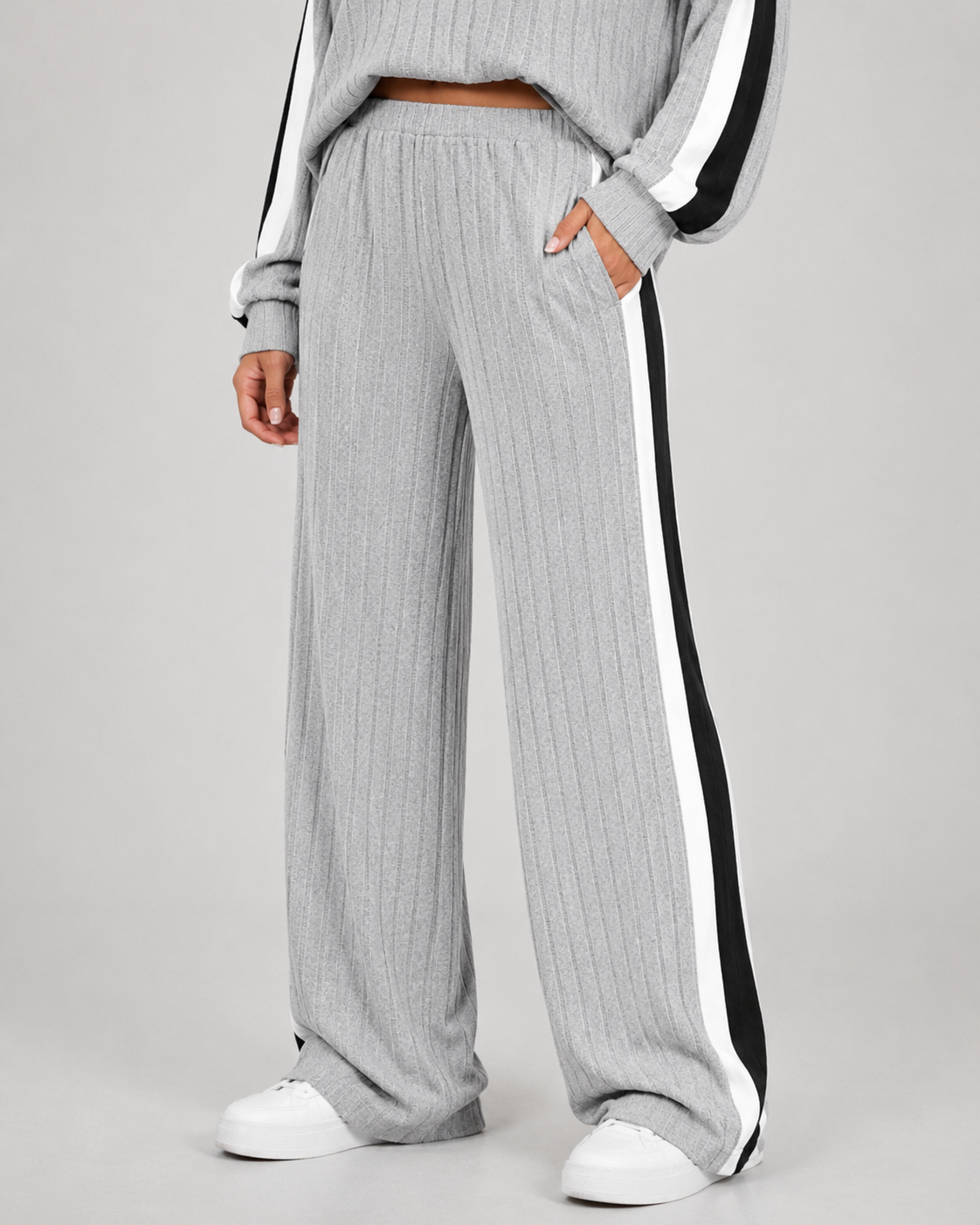 Ribbed Polo Collar Top and Side Stripe Wide Leg Pants Two Piece Set