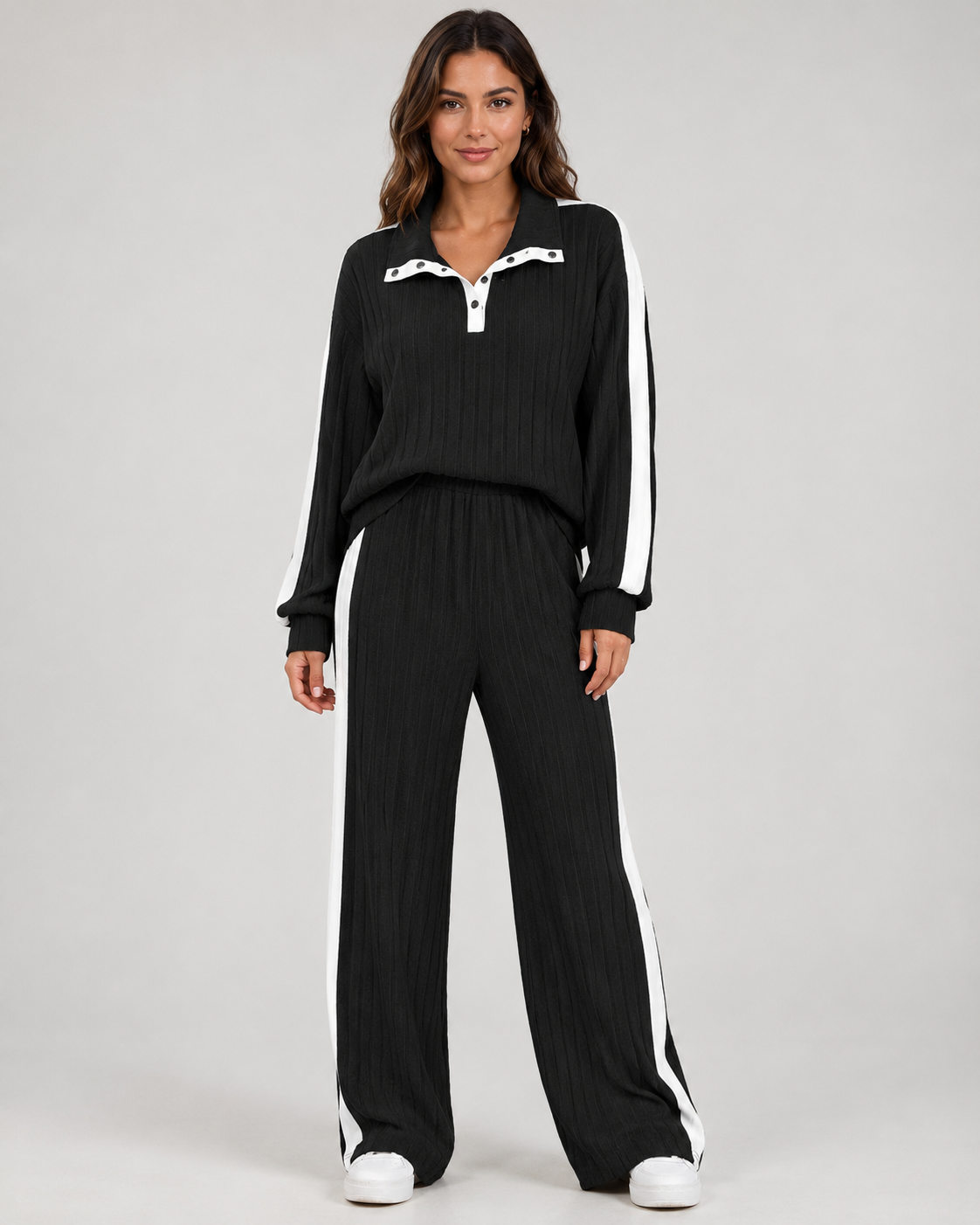 Ribbed Polo Collar Top and Side Stripe Wide Leg Pants Two Piece Set
