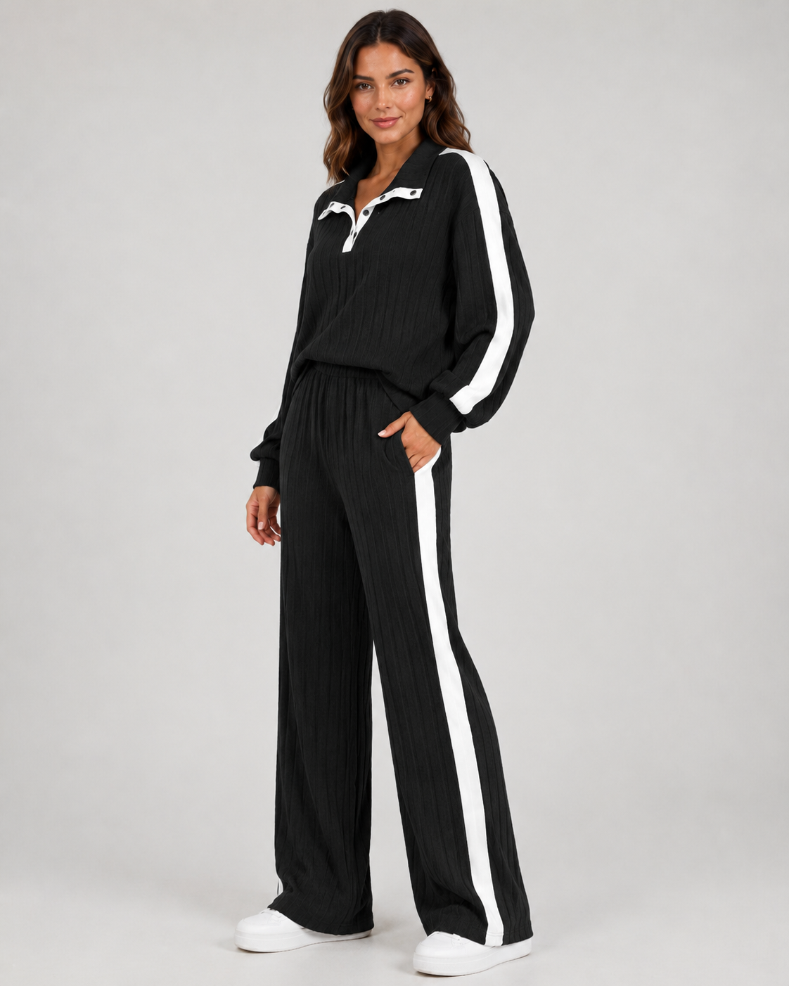 Ribbed Polo Collar Top and Side Stripe Wide Leg Pants Two Piece Set