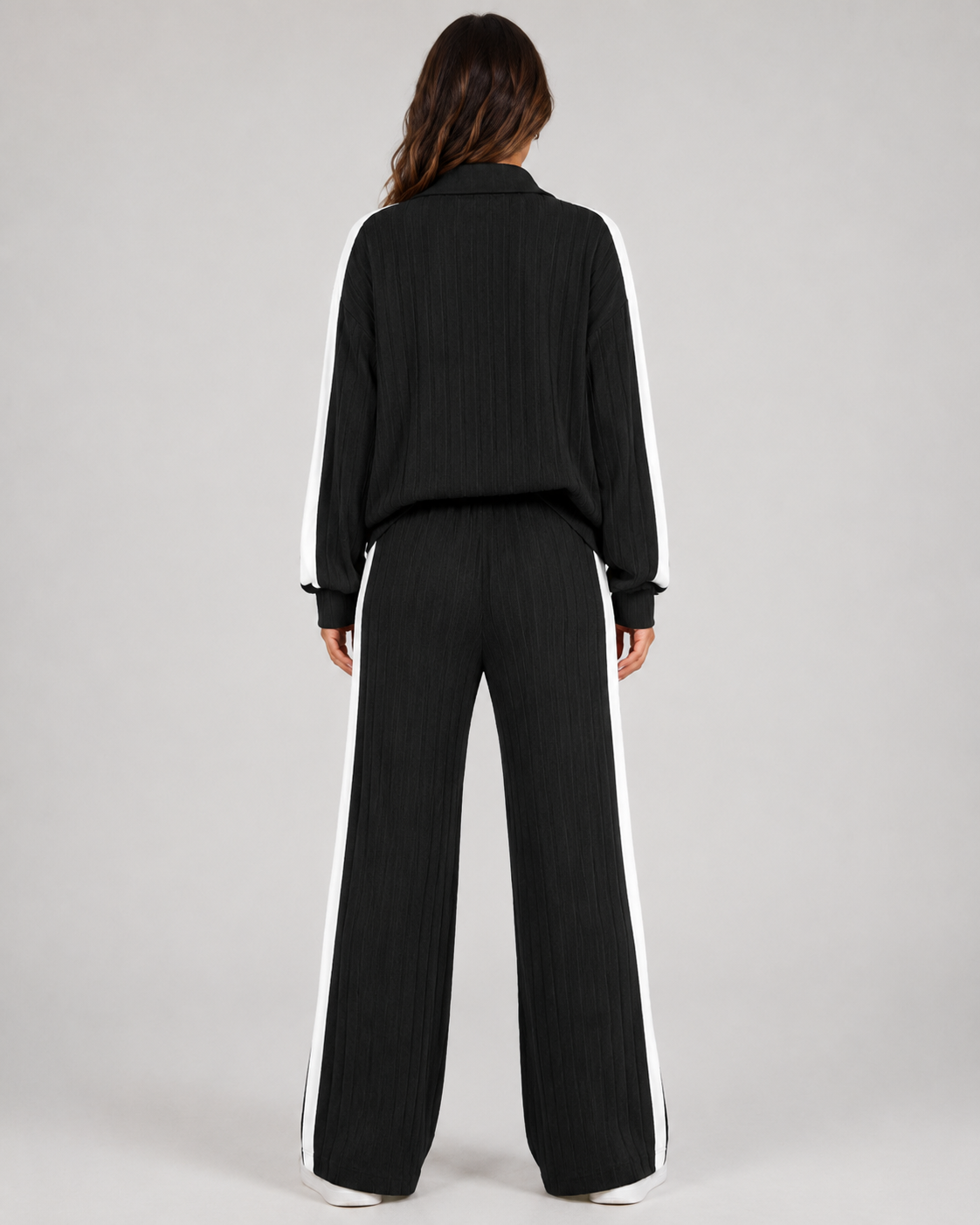 Ribbed Polo Collar Top and Side Stripe Wide Leg Pants Two Piece Set