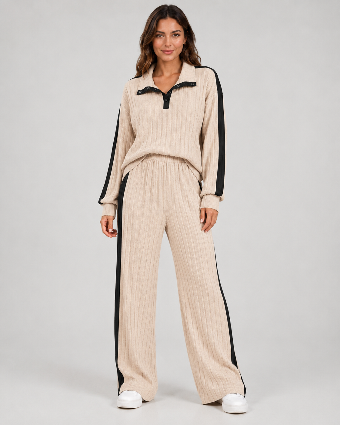 Ribbed Polo Collar Top and Side Stripe Wide Leg Pants Two Piece Set