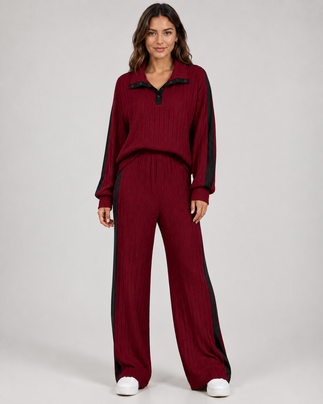 Ribbed Polo Collar Top and Side Stripe Wide Leg Pants Two Piece Set
