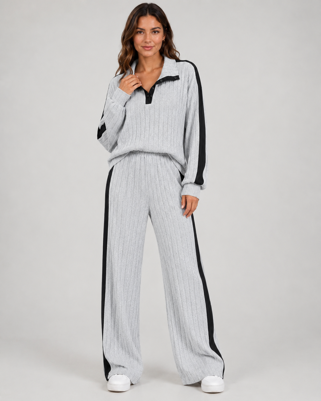 Ribbed Polo Collar Top and Side Stripe Wide Leg Pants Two Piece Set