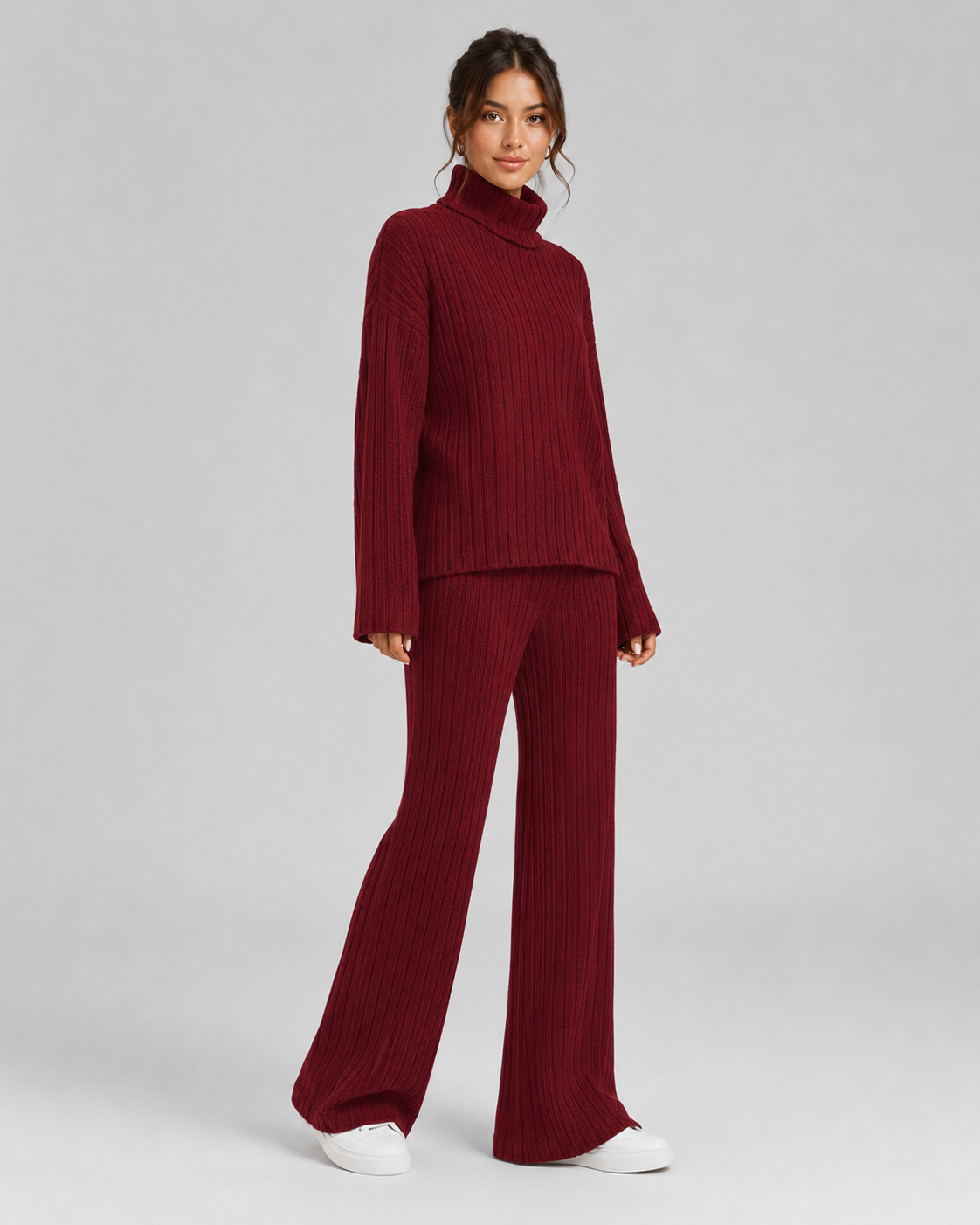 Women's Ribbed Roll Neck Knit Co-Ord with Wide-Leg Pants