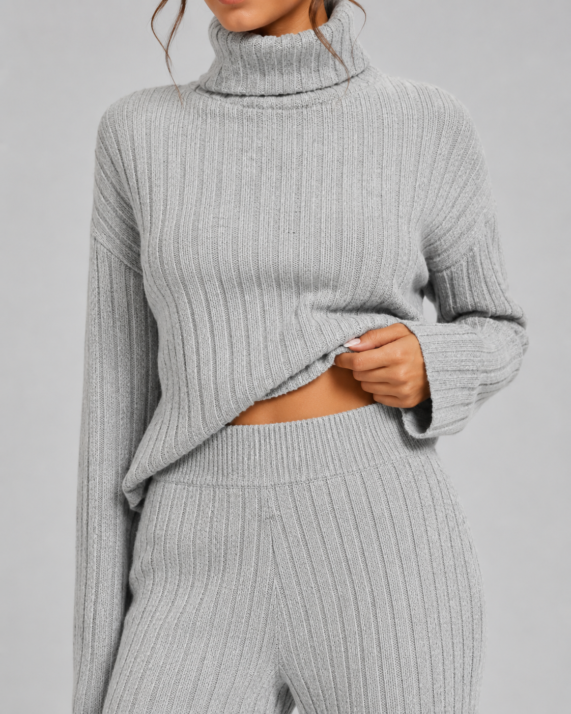 Women's Ribbed Roll Neck Knit Co-Ord with Wide-Leg Pants