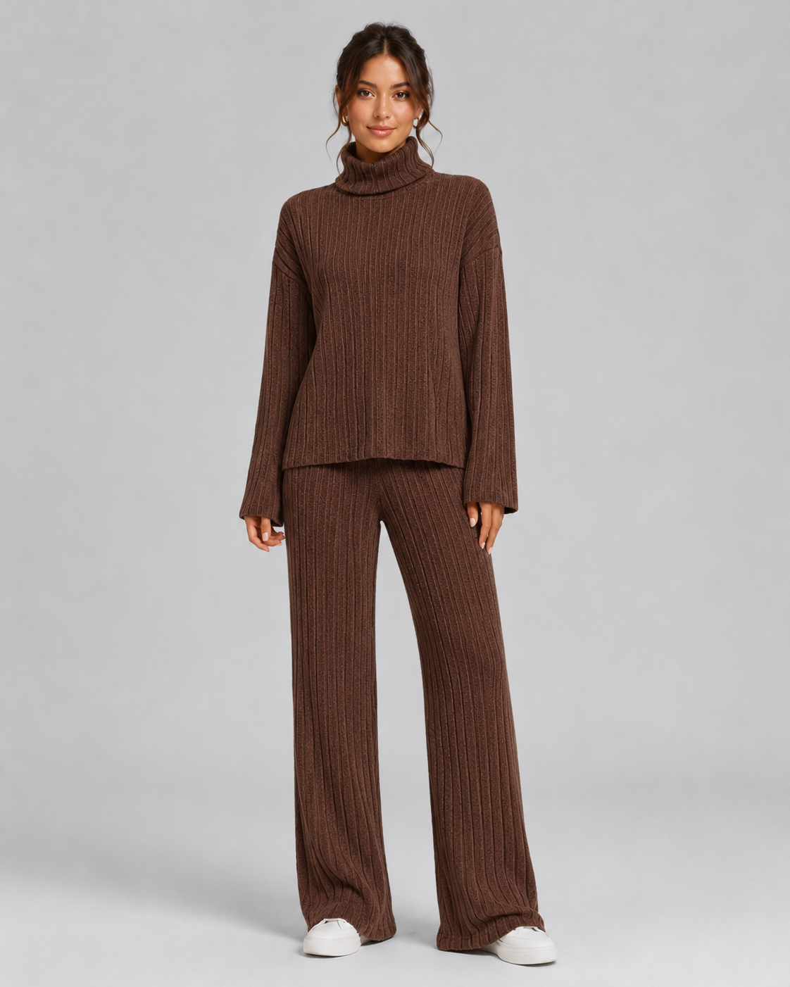 Women's Ribbed Roll Neck Knit Co-Ord with Wide-Leg Pants