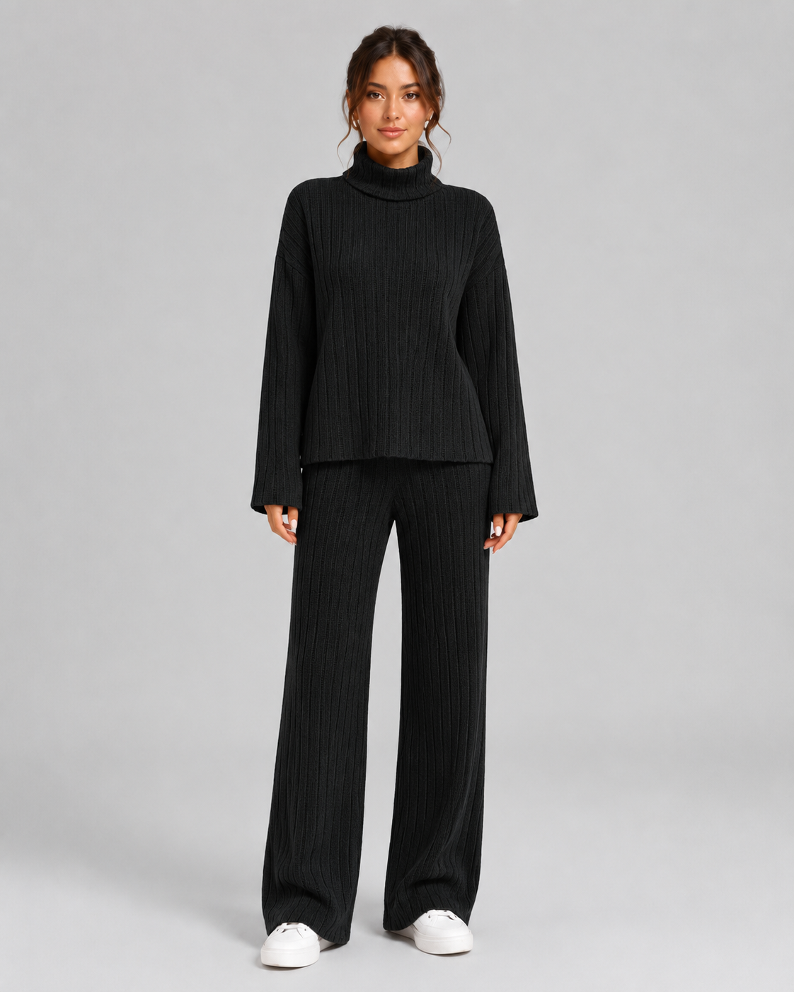 Women's Ribbed Roll Neck Knit Co-Ord with Wide-Leg Pants