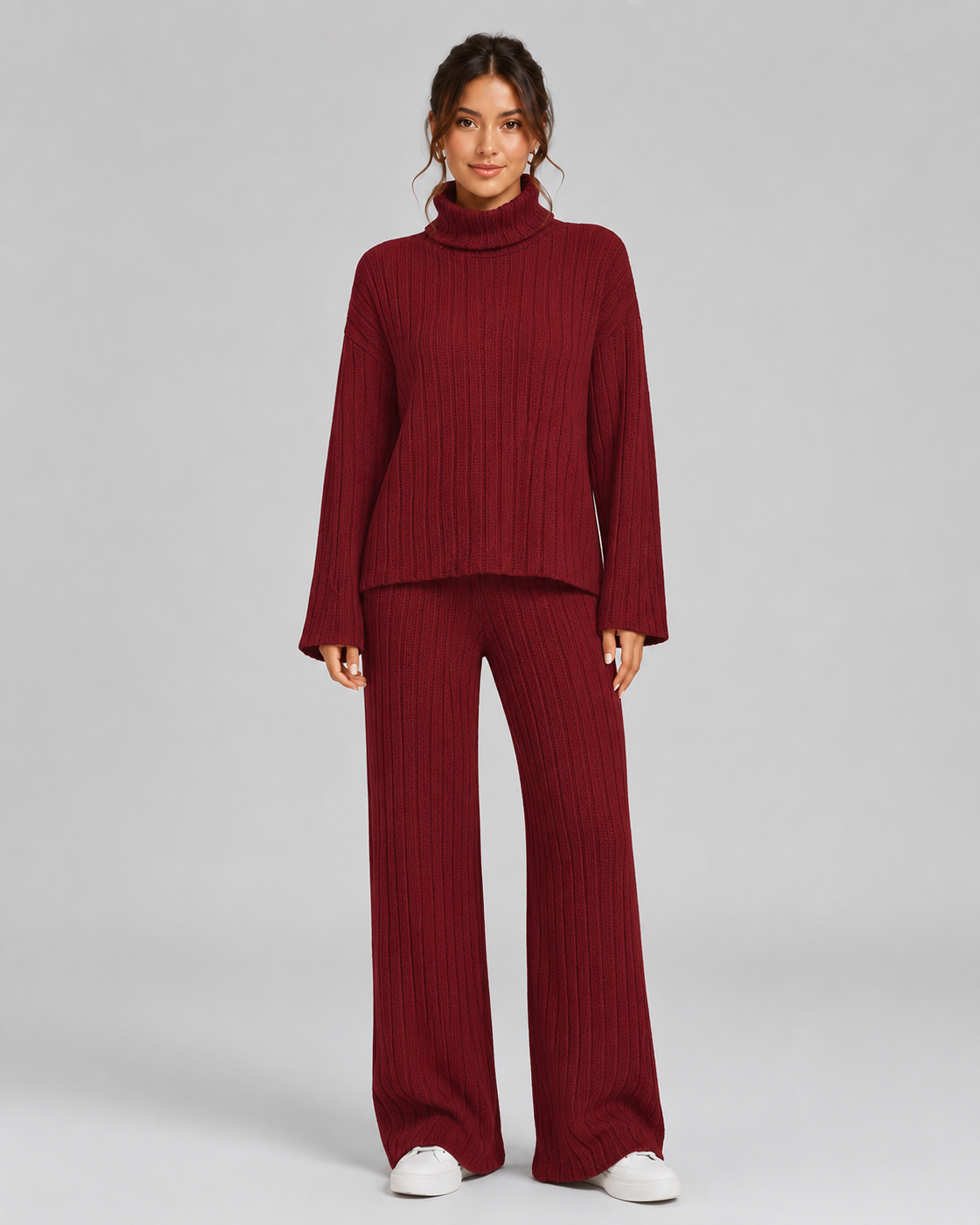 Women's Ribbed Roll Neck Knit Co-Ord with Wide-Leg Pants