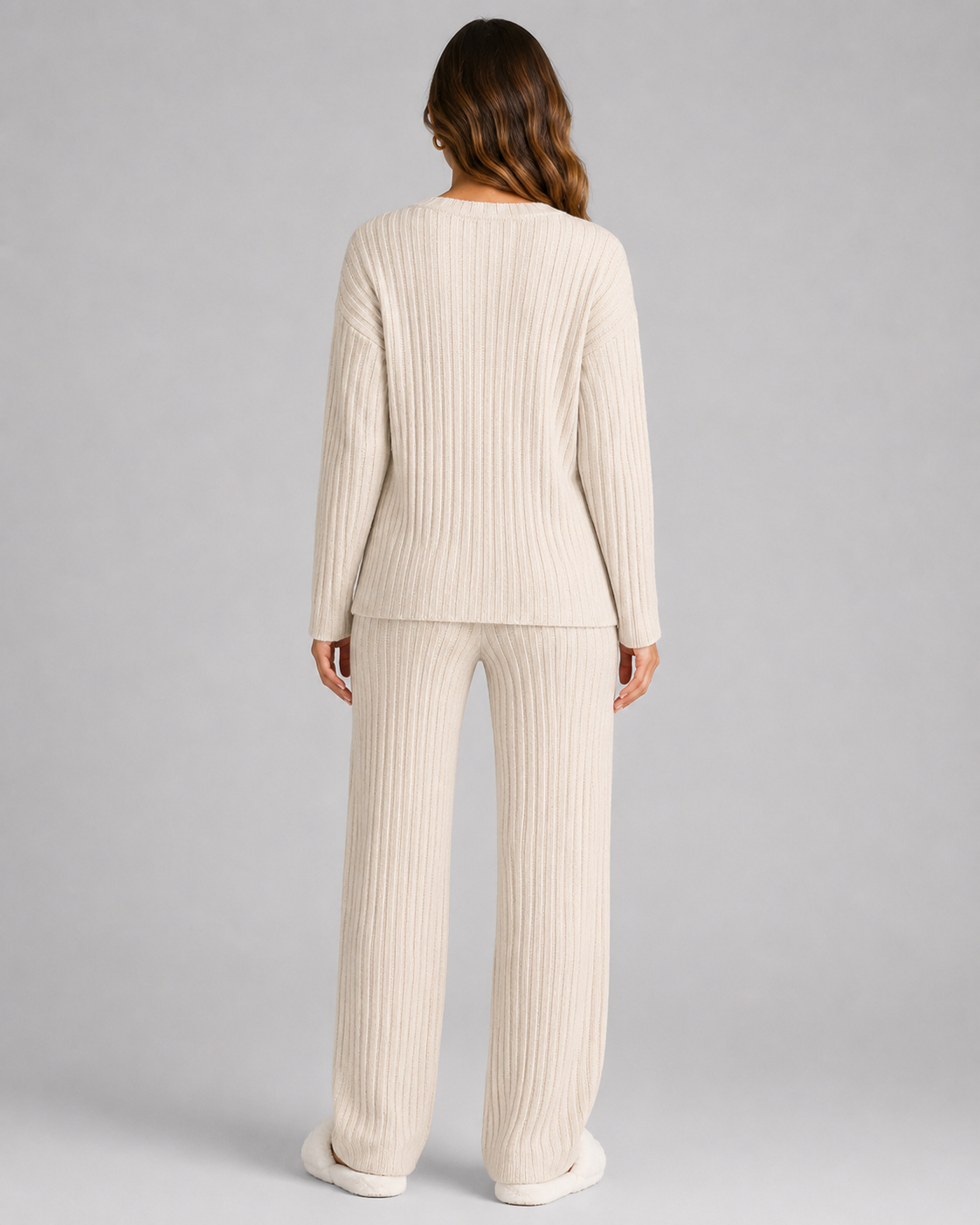 Ribbed Knit V-Neck Top and Wide Leg Pants Two Piece Set