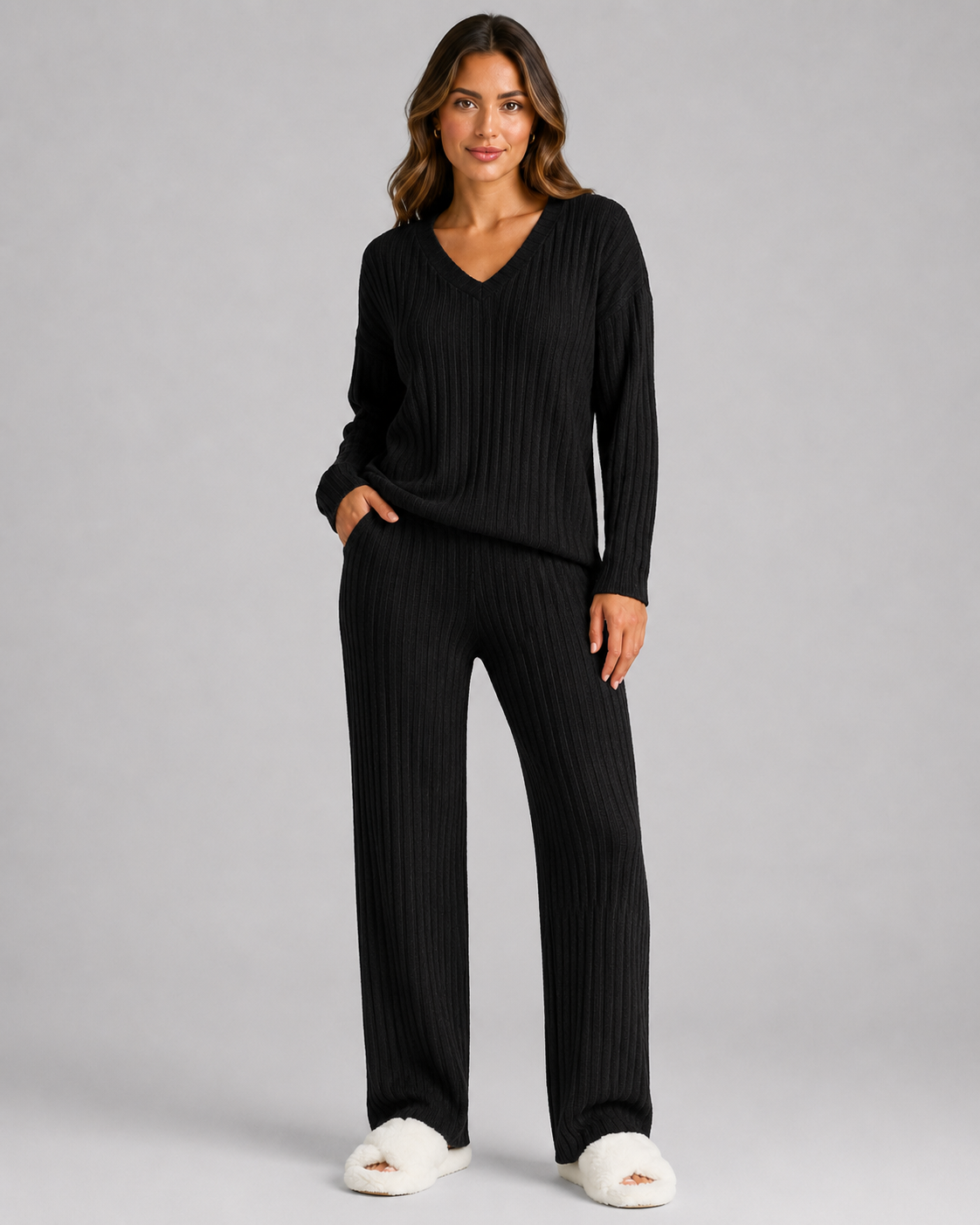 Ribbed Knit V-Neck Top and Wide Leg Pants Two Piece Set
