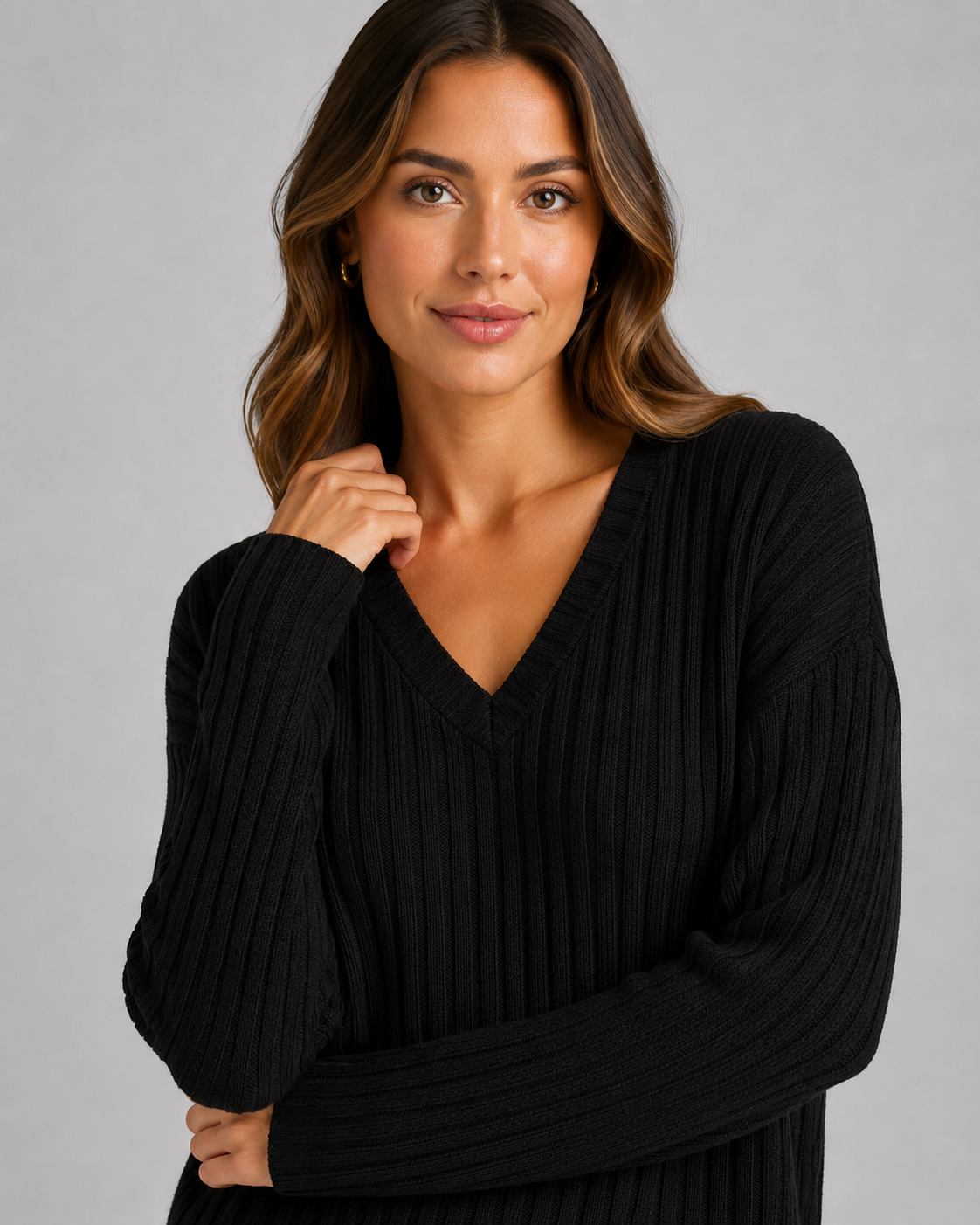Ribbed Knit V-Neck Top and Wide Leg Pants Two Piece Set