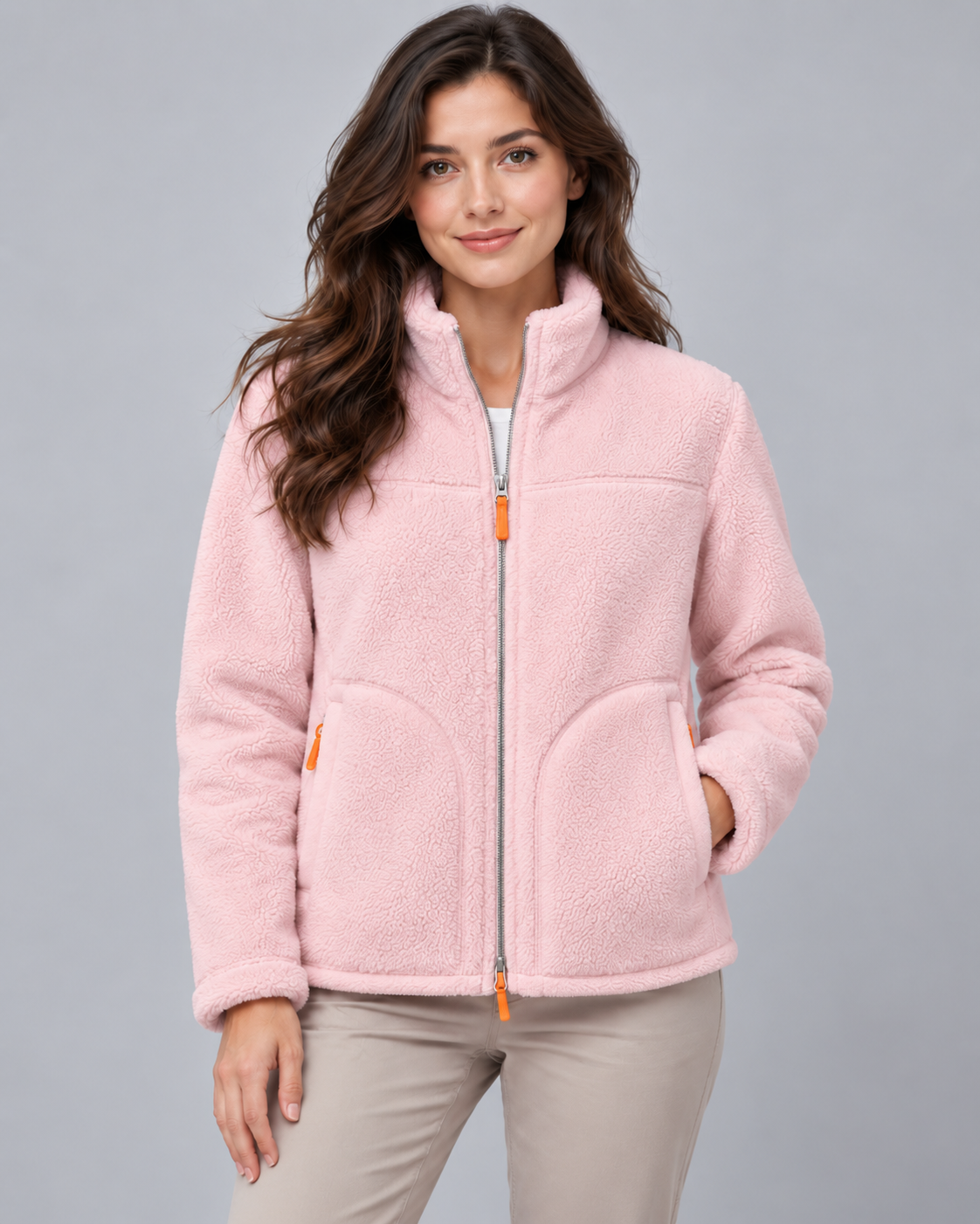 Sherpa Fleece Stand Collar Zip Front Jacket