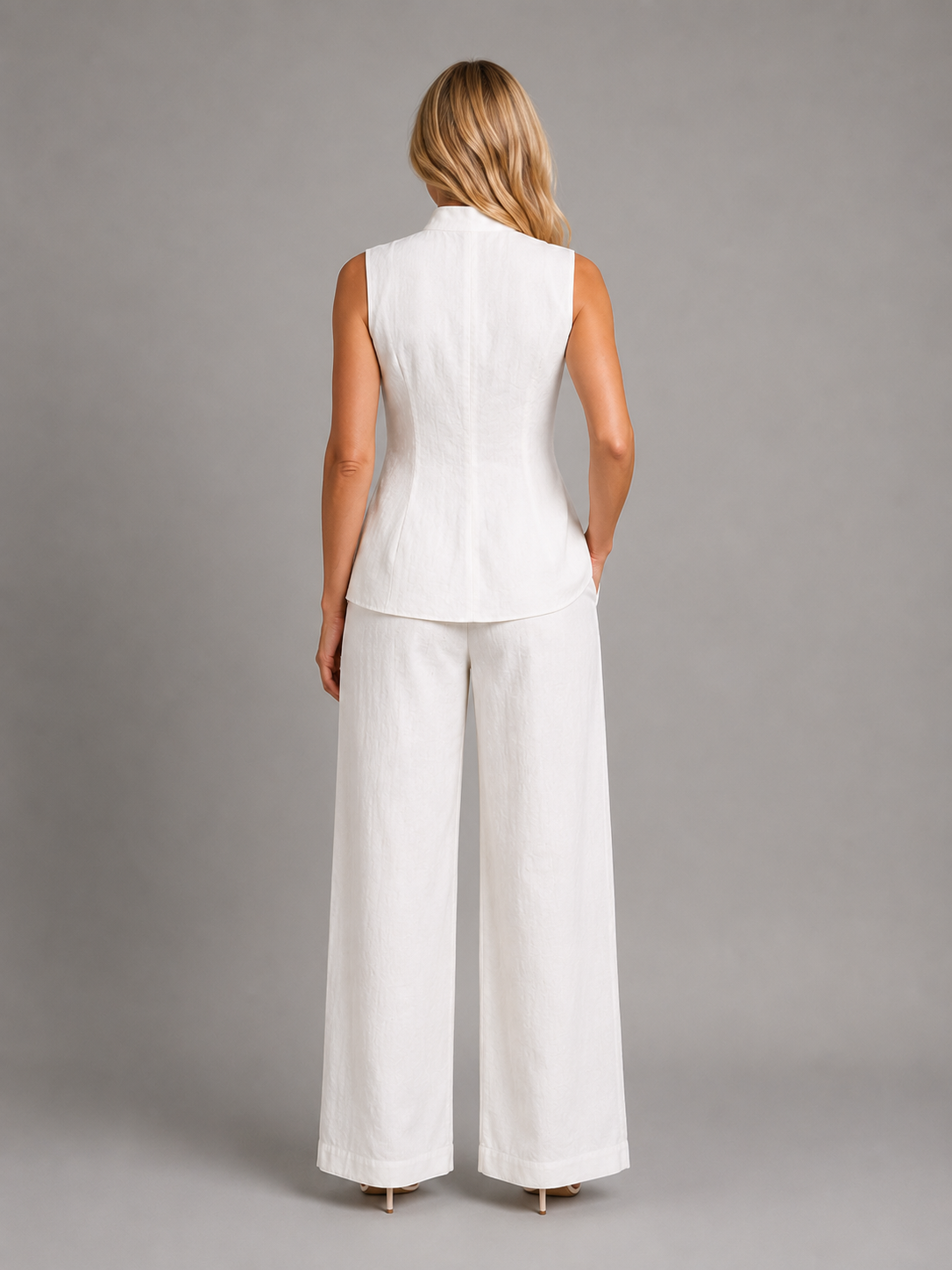 Sleeveless Band Collar Top and Wide Leg Pants Two Piece Set