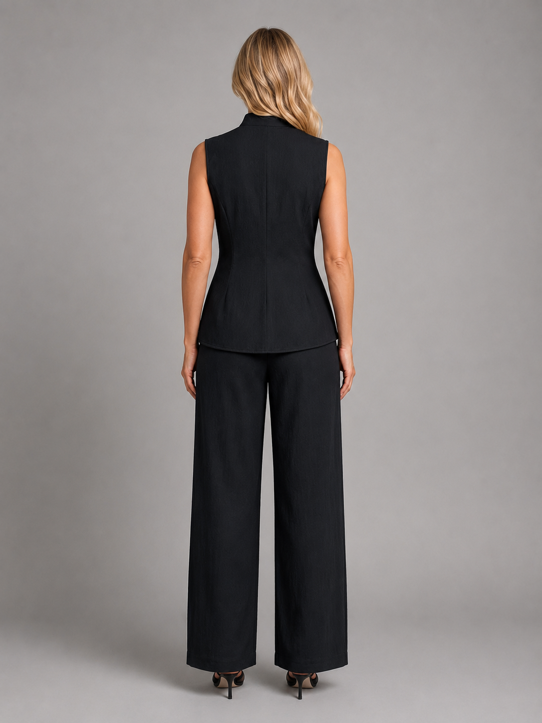 Sleeveless Band Collar Top and Wide Leg Pants Two Piece Set