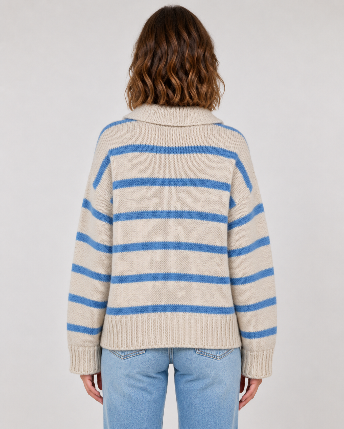 Striped Polo Collar Long Sleeve Knit Sweater