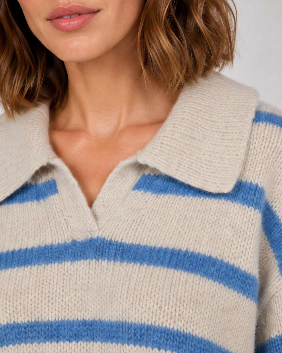 Striped Polo Collar Long Sleeve Knit Sweater