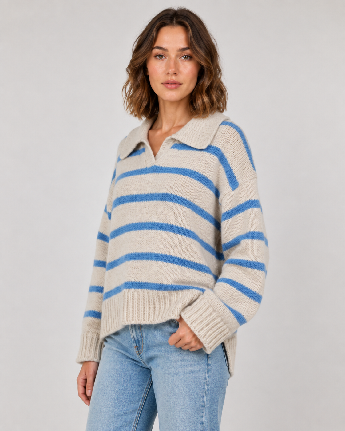 Striped Polo Collar Long Sleeve Knit Sweater