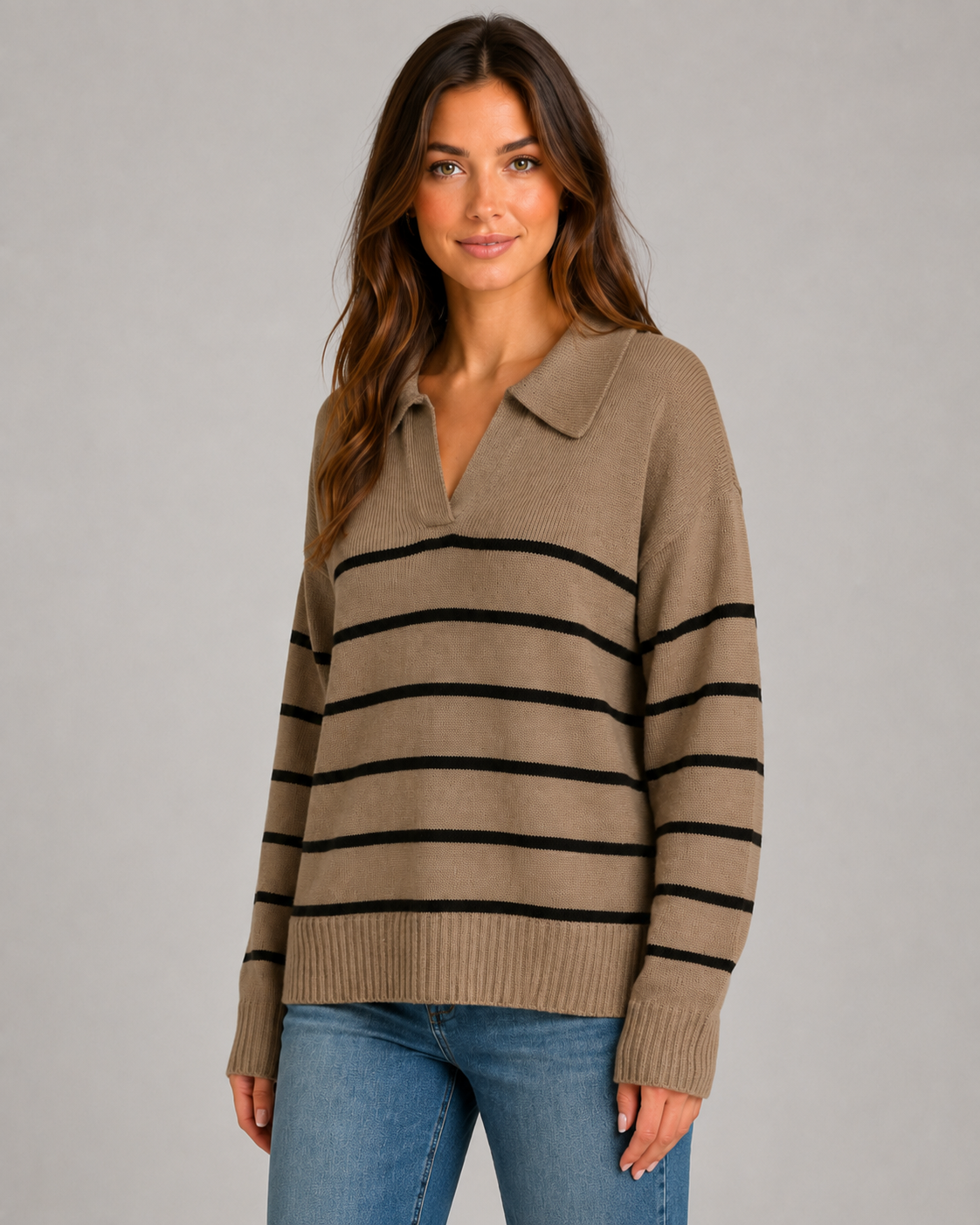 Striped Open Collar V-Neck Sweater