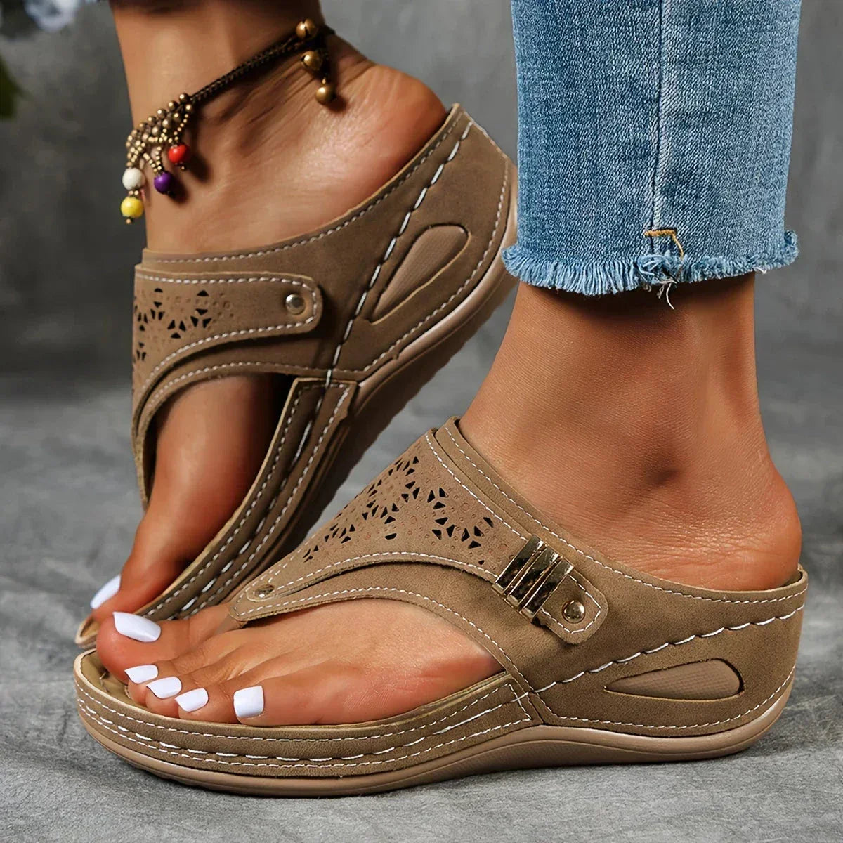 Thong Cut Out Wedge Slide Sandals