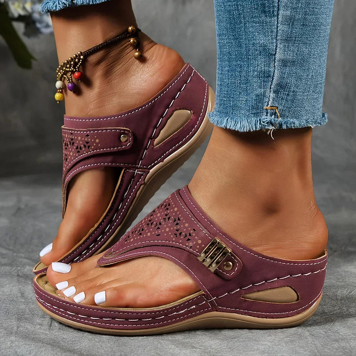 Thong Cut Out Wedge Slide Sandals