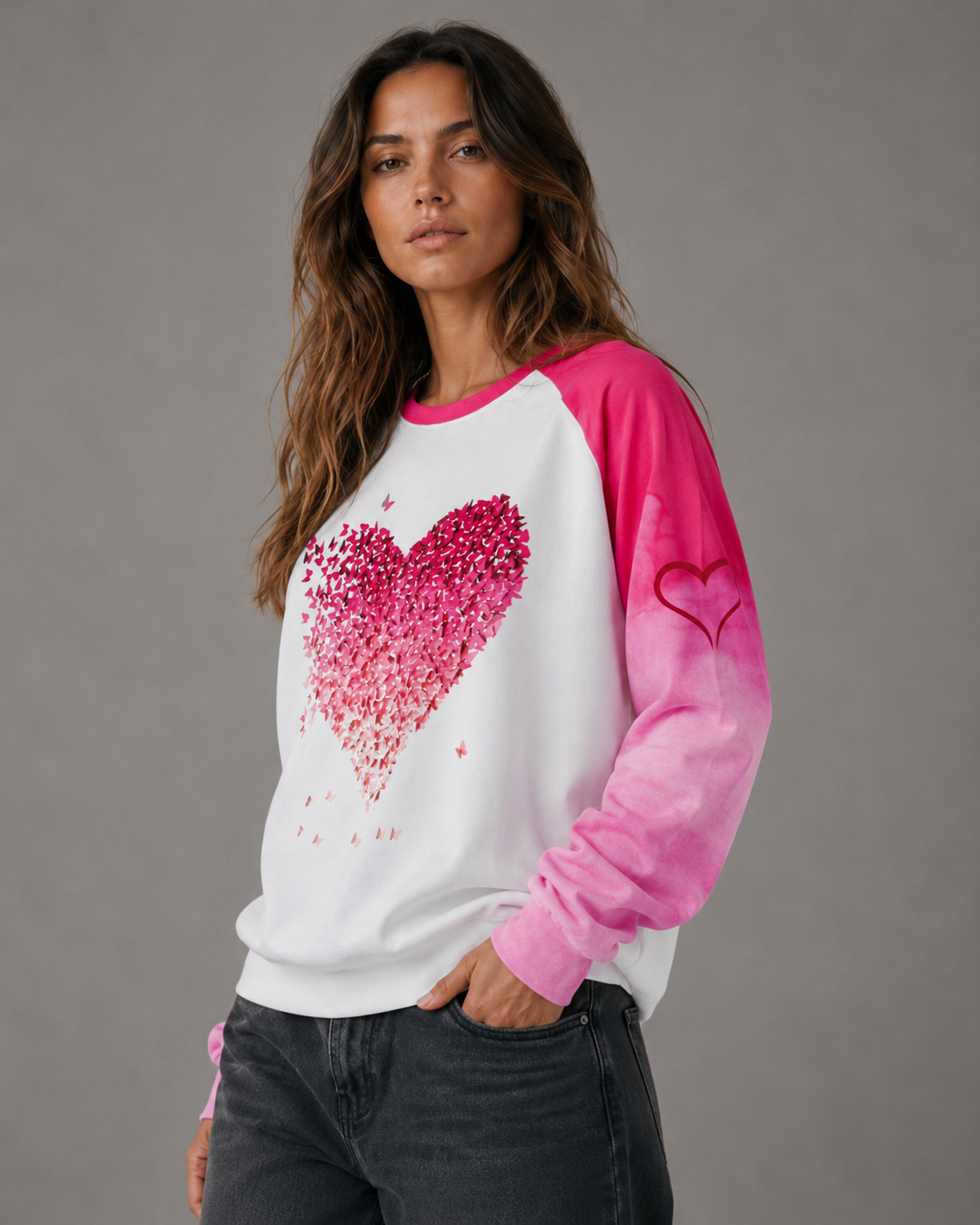 Women's Sweatshirt - Pink Butterfly Heart Raglan