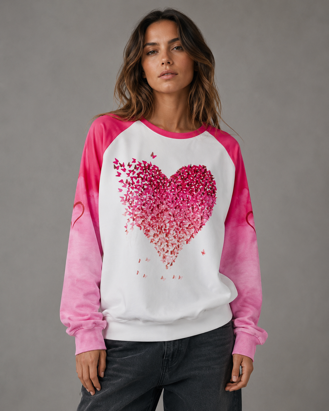 Women's Sweatshirt - Pink Butterfly Heart Raglan