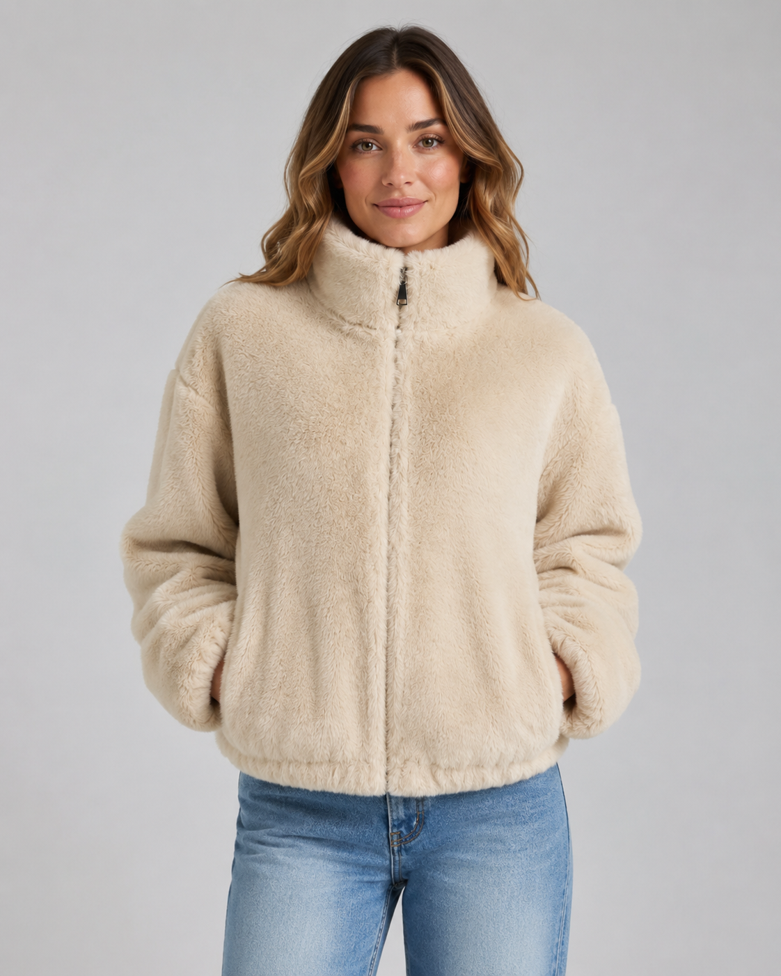 Teddy Fleece Funnel Neck Zip Front Jacket