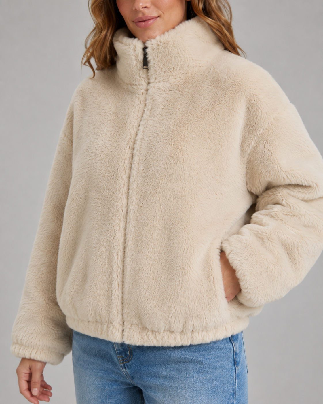 Teddy Fleece Funnel Neck Zip Front Jacket