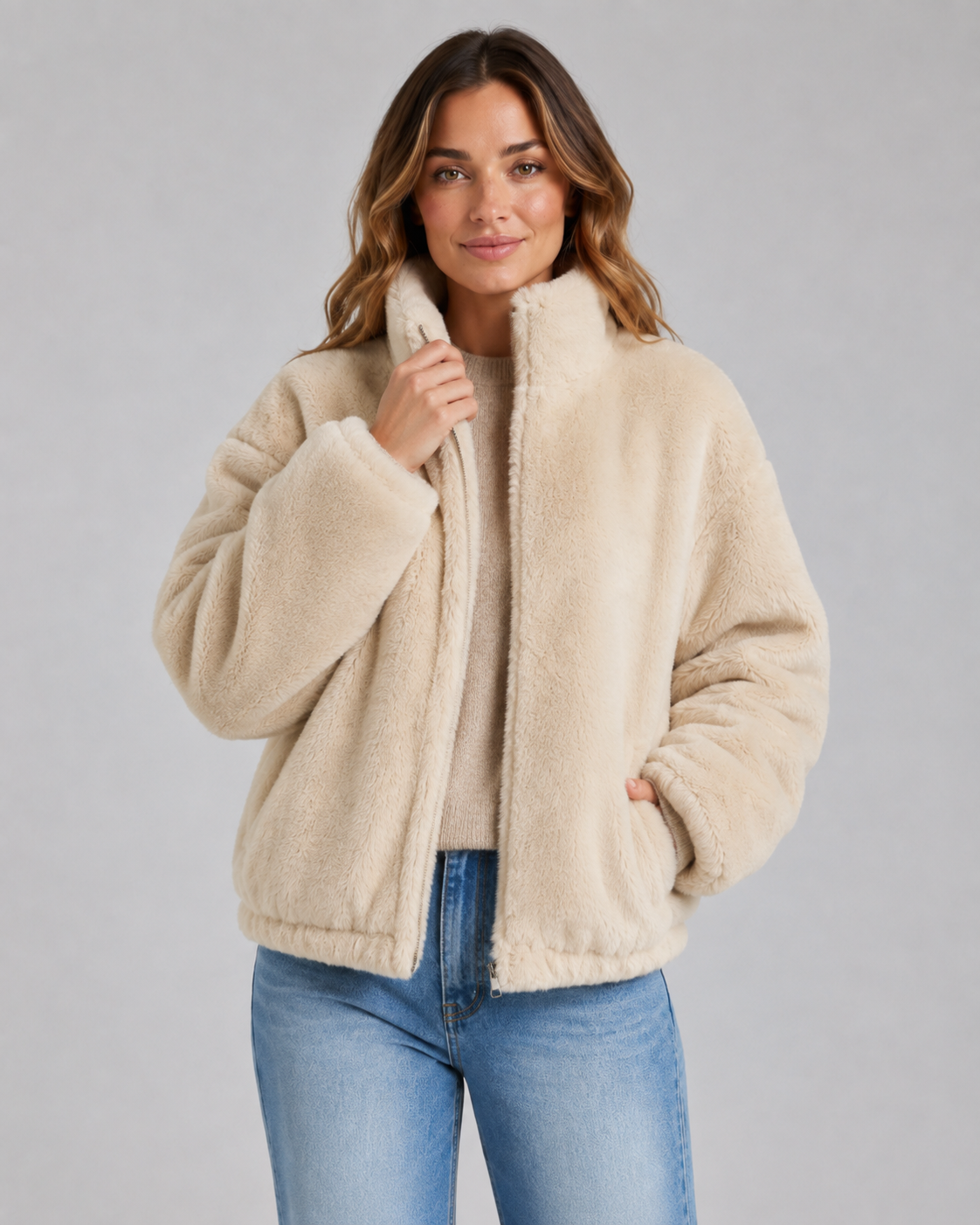 Teddy Fleece Funnel Neck Zip Front Jacket