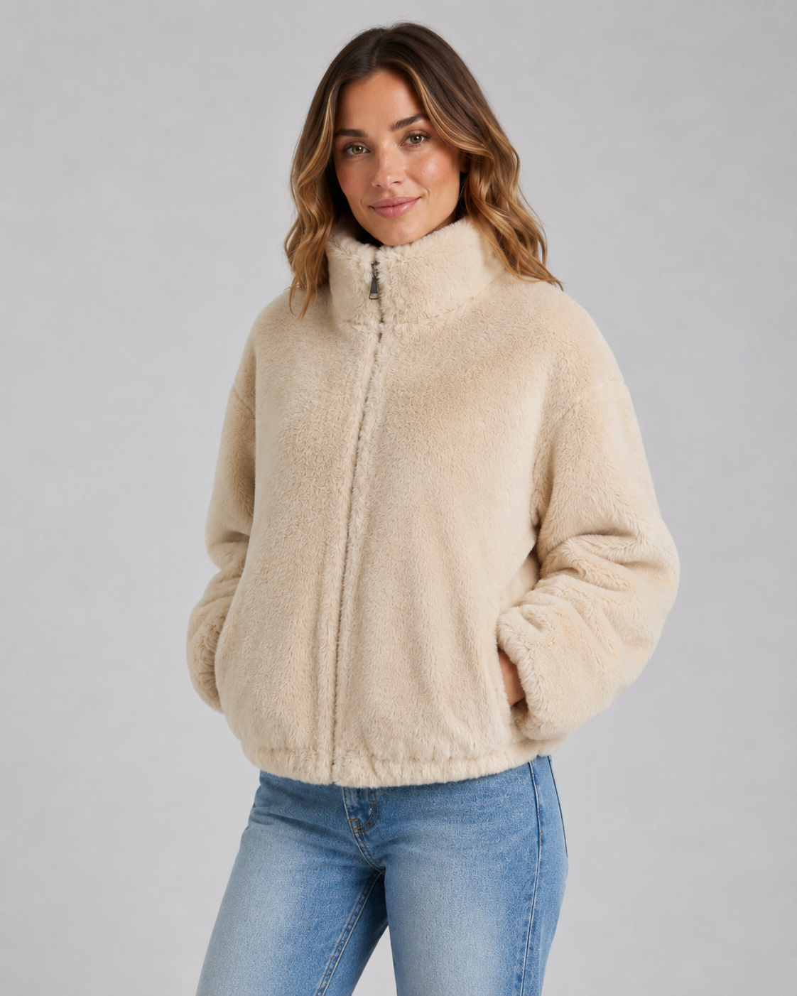 Teddy Fleece Funnel Neck Zip Front Jacket