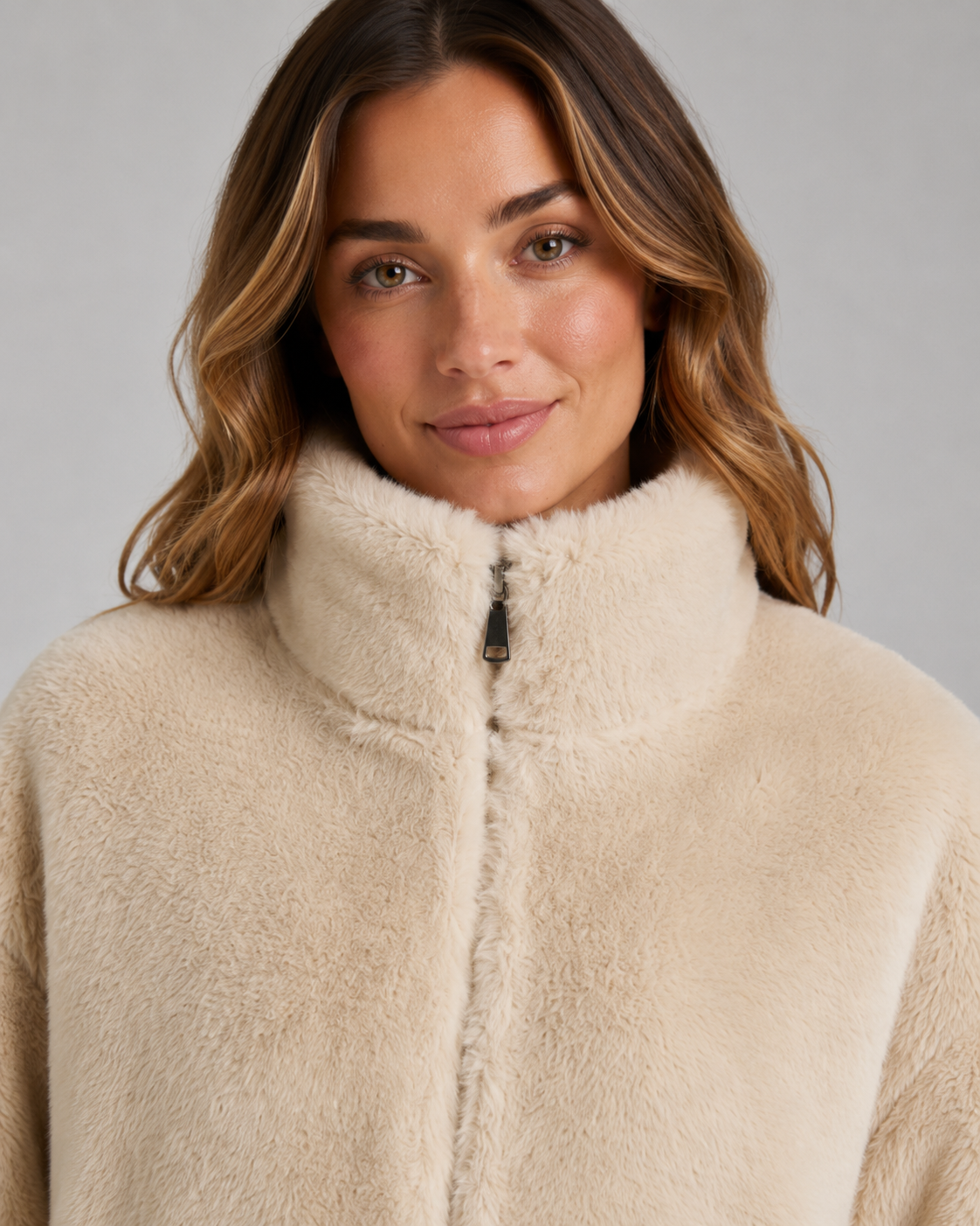 Teddy Fleece Funnel Neck Zip Front Jacket