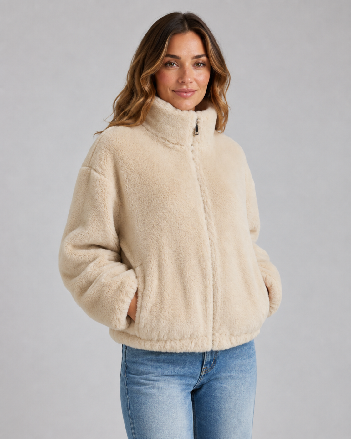 Teddy Fleece Funnel Neck Zip Front Jacket