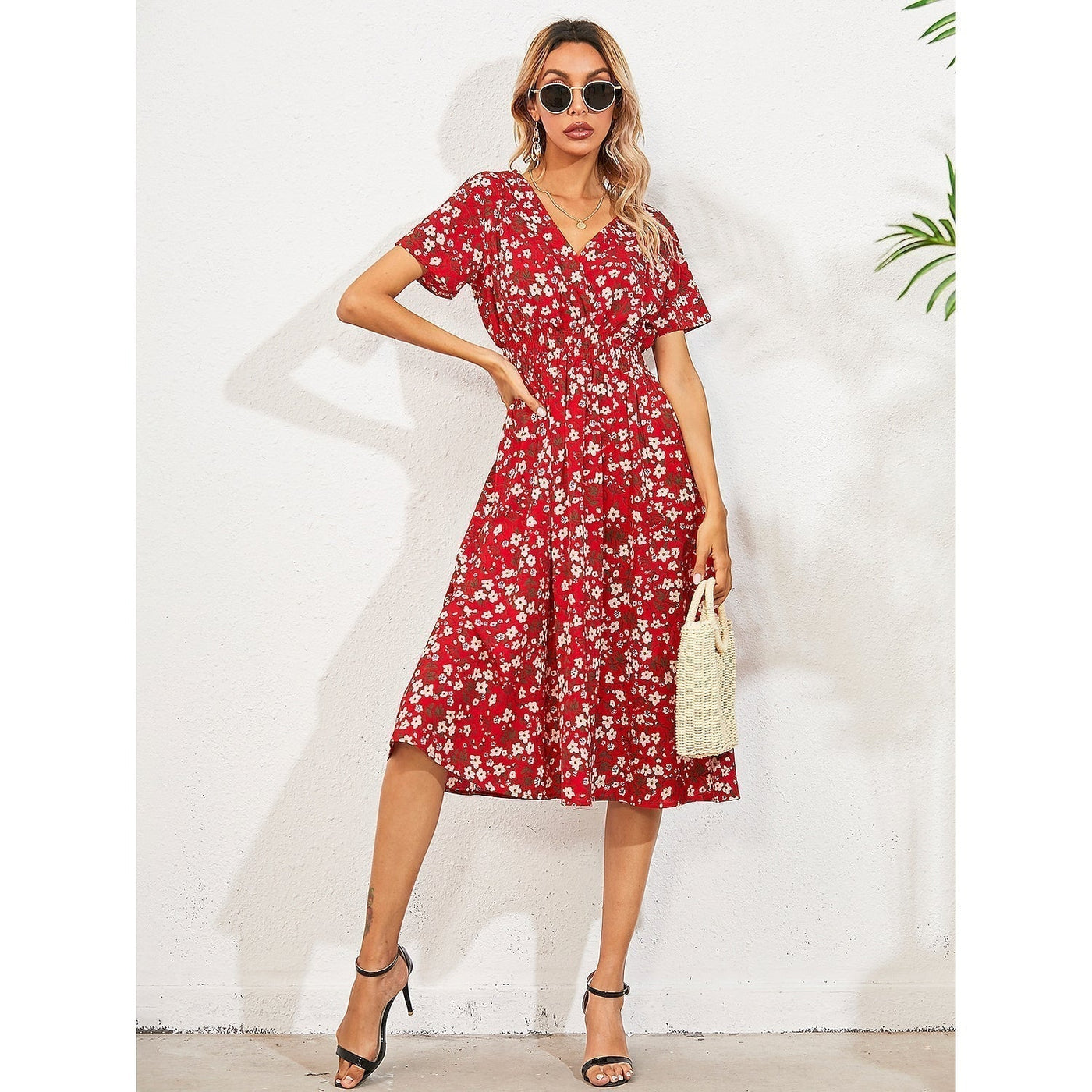 Women's V Neck Casual Boho Loose Midi Dress Red __stock:200 casual dresses clothes dresses refund_fee:1200 show-color-swatches